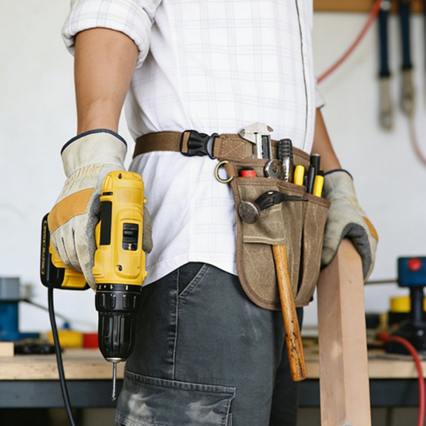 Men's Multi Pocket Tool Apron with Adjustable Waist Strap Durable Canvas Utility Work Apron