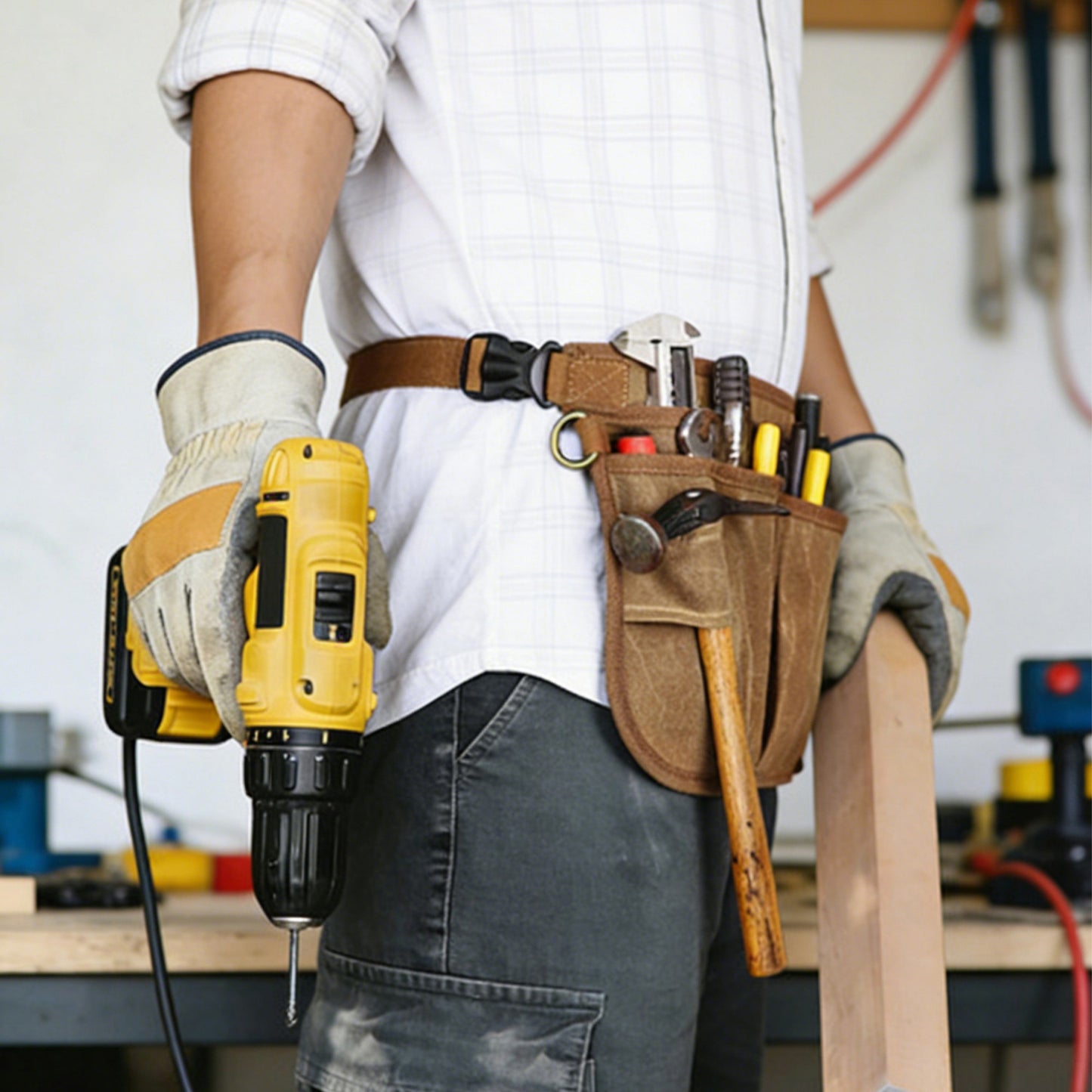 Men's Multi Pocket Tool Apron with Adjustable Waist Strap Durable Canvas Utility Work Apron