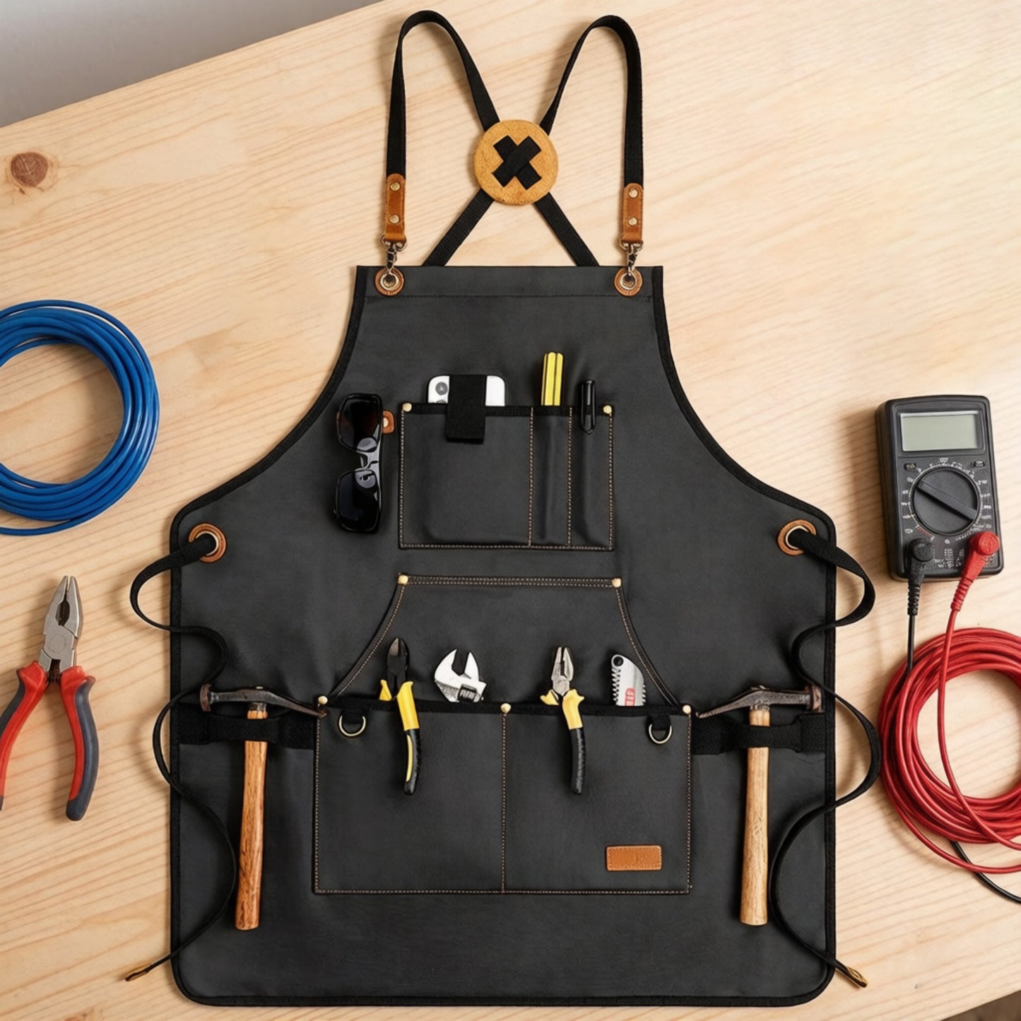 Heavy Duty Cotton Tool Apron with Adjustable Shoulder Straps Multi Pocket Work Apron for Woodworking