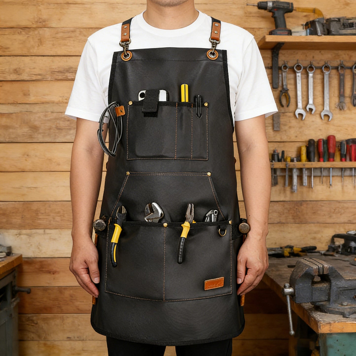 Heavy Duty Cotton Tool Apron with Adjustable Shoulder Straps Multi Pocket Work Apron for Woodworking