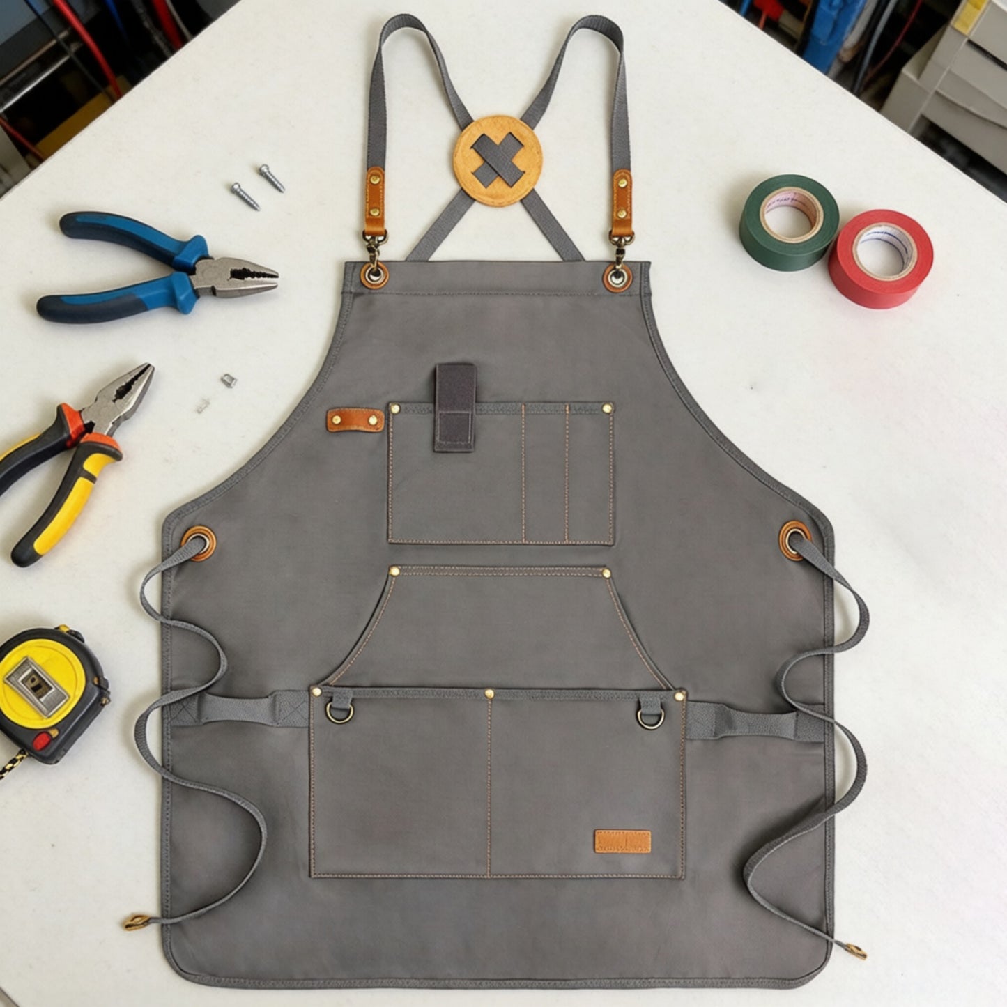Heavy Duty Cotton Tool Apron with Adjustable Shoulder Straps Multi Pocket Work Apron for Woodworking