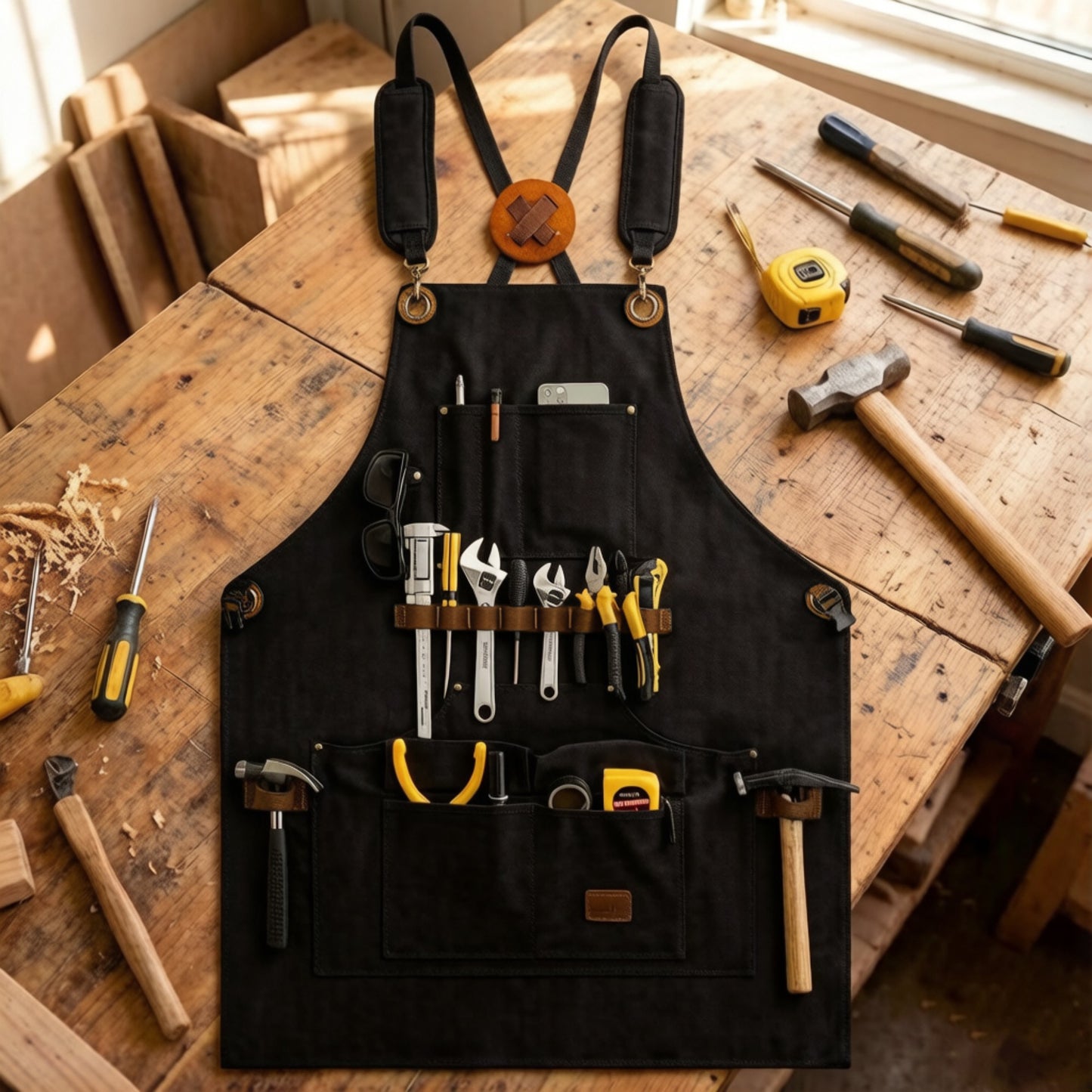 Heavy Duty Cotton Tool Apron with Adjustable Cross Back Straps Multi Pocket Work Apron for Woodwork