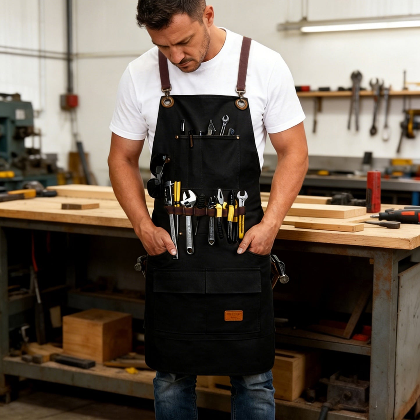 Heavy Duty Cotton Tool Apron with Adjustable Cross Back Straps Multi Pocket Work Apron for Woodwork
