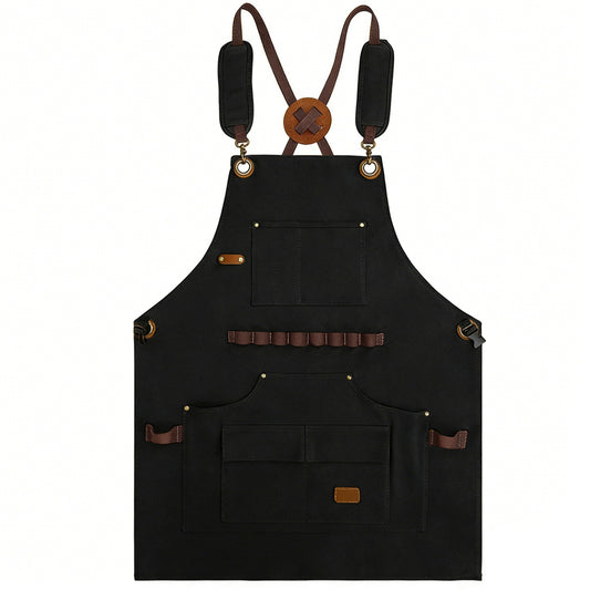 Heavy Duty Cotton Tool Apron with Adjustable Cross Back Straps Multi Pocket Work Apron for Woodwork