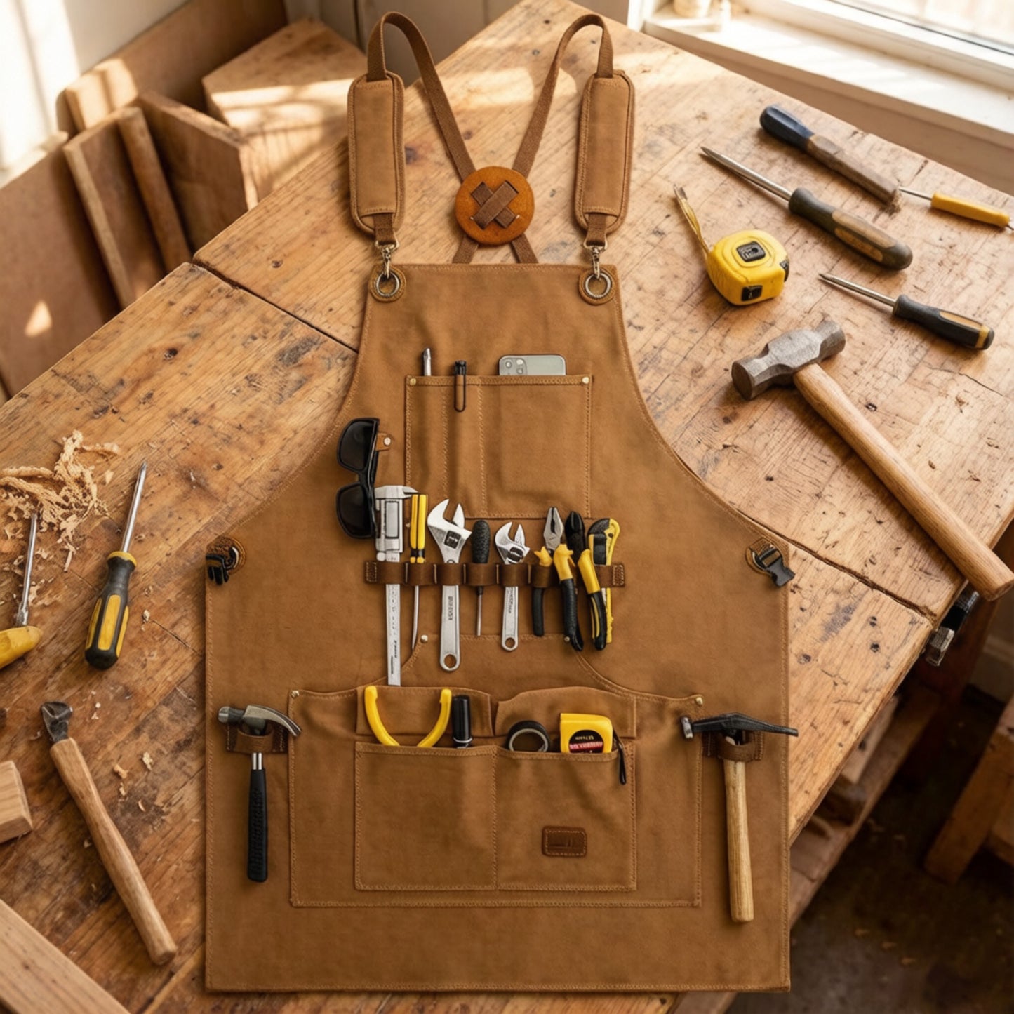 Heavy Duty Cotton Tool Apron with Adjustable Cross Back Straps Multi Pocket Work Apron for Woodwork