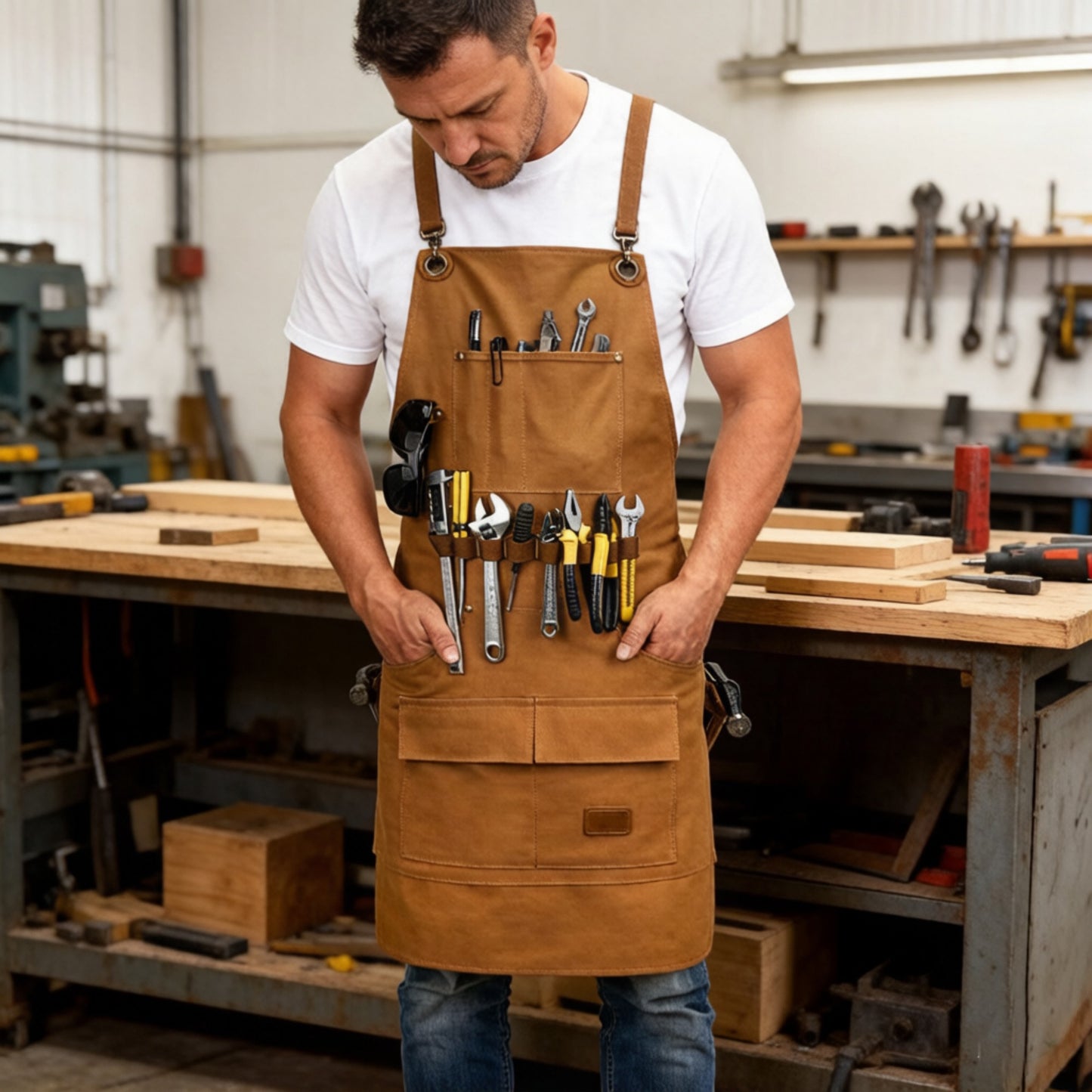 Heavy Duty Cotton Tool Apron with Adjustable Cross Back Straps Multi Pocket Work Apron for Woodwork