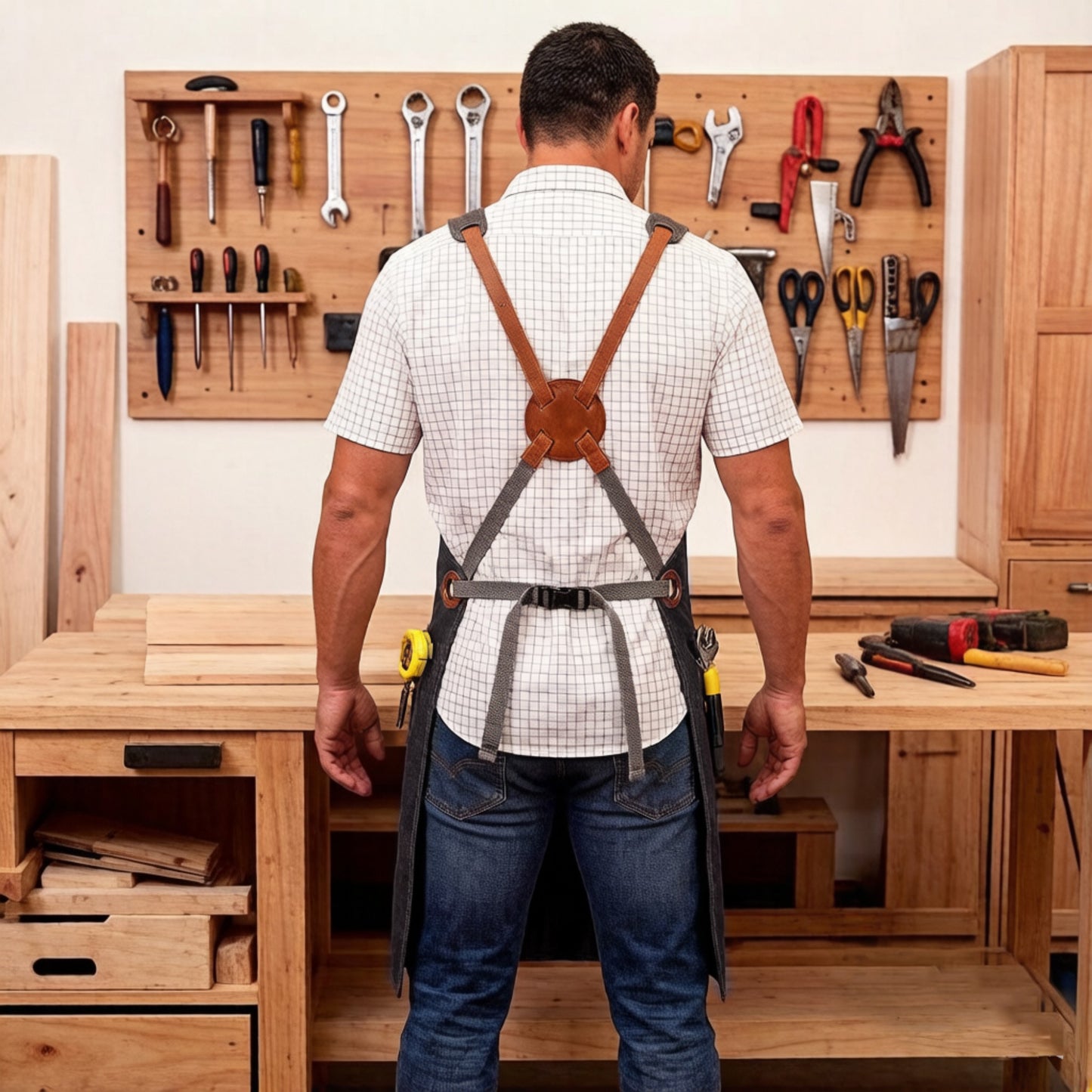 Heavy Duty Cotton Tool Apron with Adjustable Cross Back Straps Multi Pocket Work Apron for Woodwork