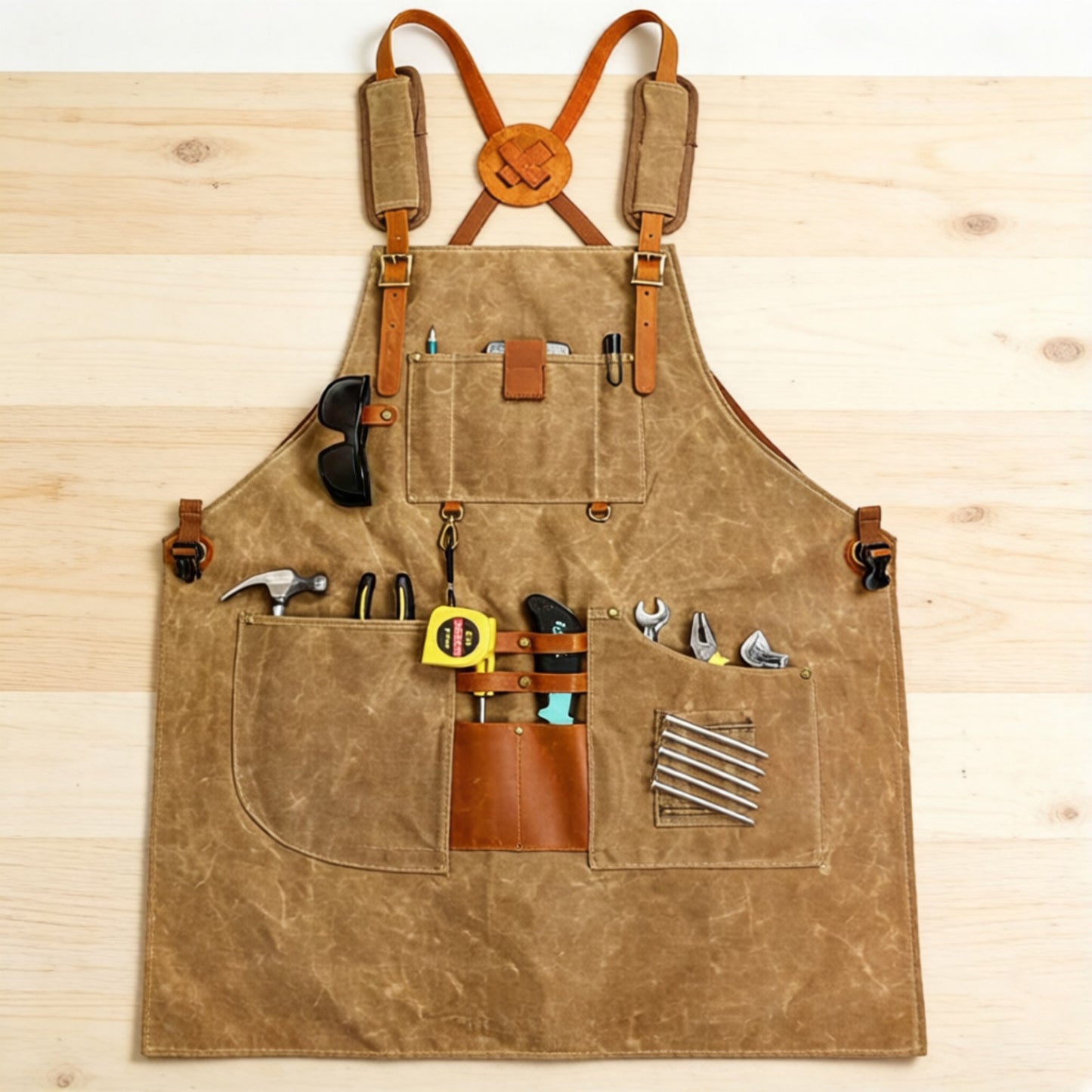 Heavy Duty Cotton Tool Apron with Adjustable Cross Back Straps Multi Pocket Work Apron for Woodwork