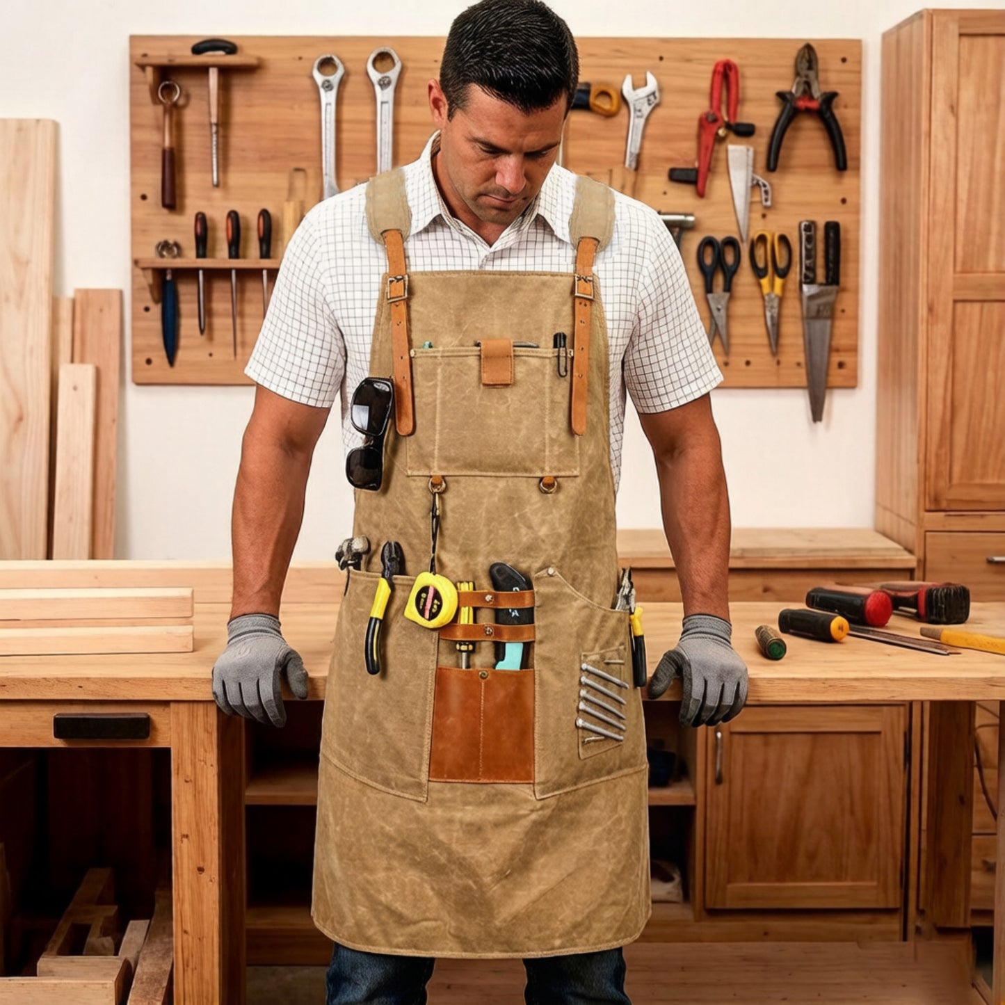 Heavy Duty Cotton Tool Apron with Adjustable Cross Back Straps Multi Pocket Work Apron for Woodwork