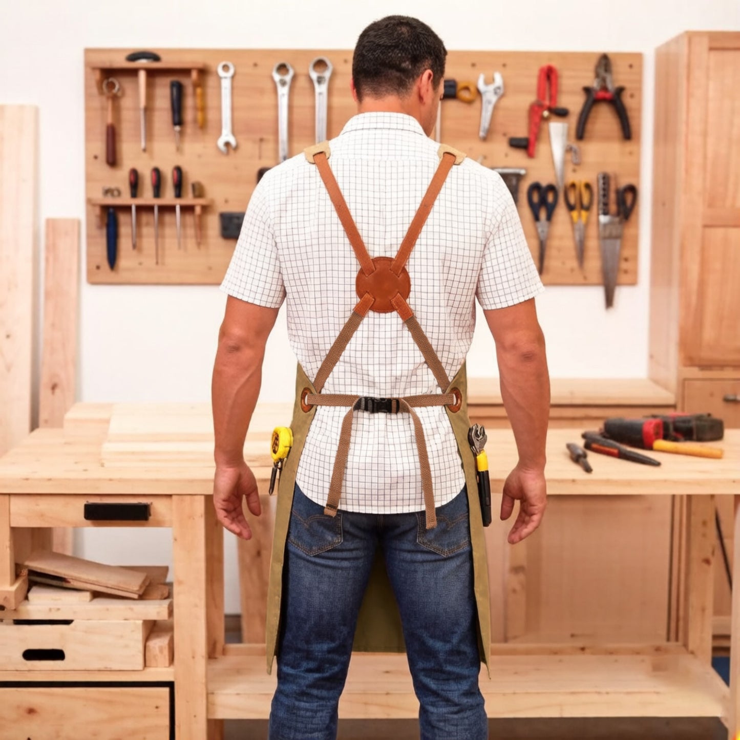 Heavy Duty Cotton Tool Apron with Adjustable Cross Back Straps Multi Pocket Work Apron for Woodwork
