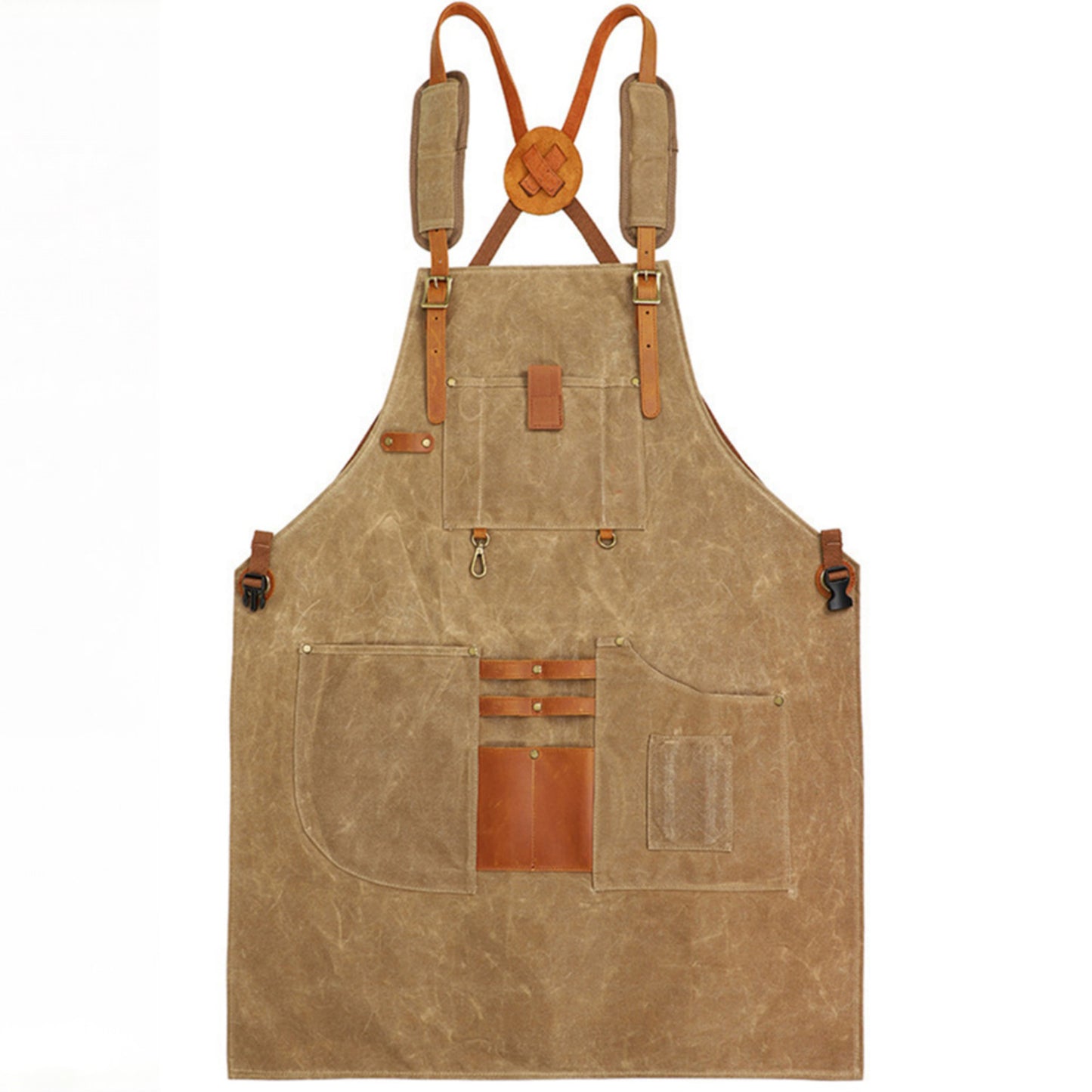 Heavy Duty Cotton Tool Apron with Adjustable Cross Back Straps Multi Pocket Work Apron for Woodwork