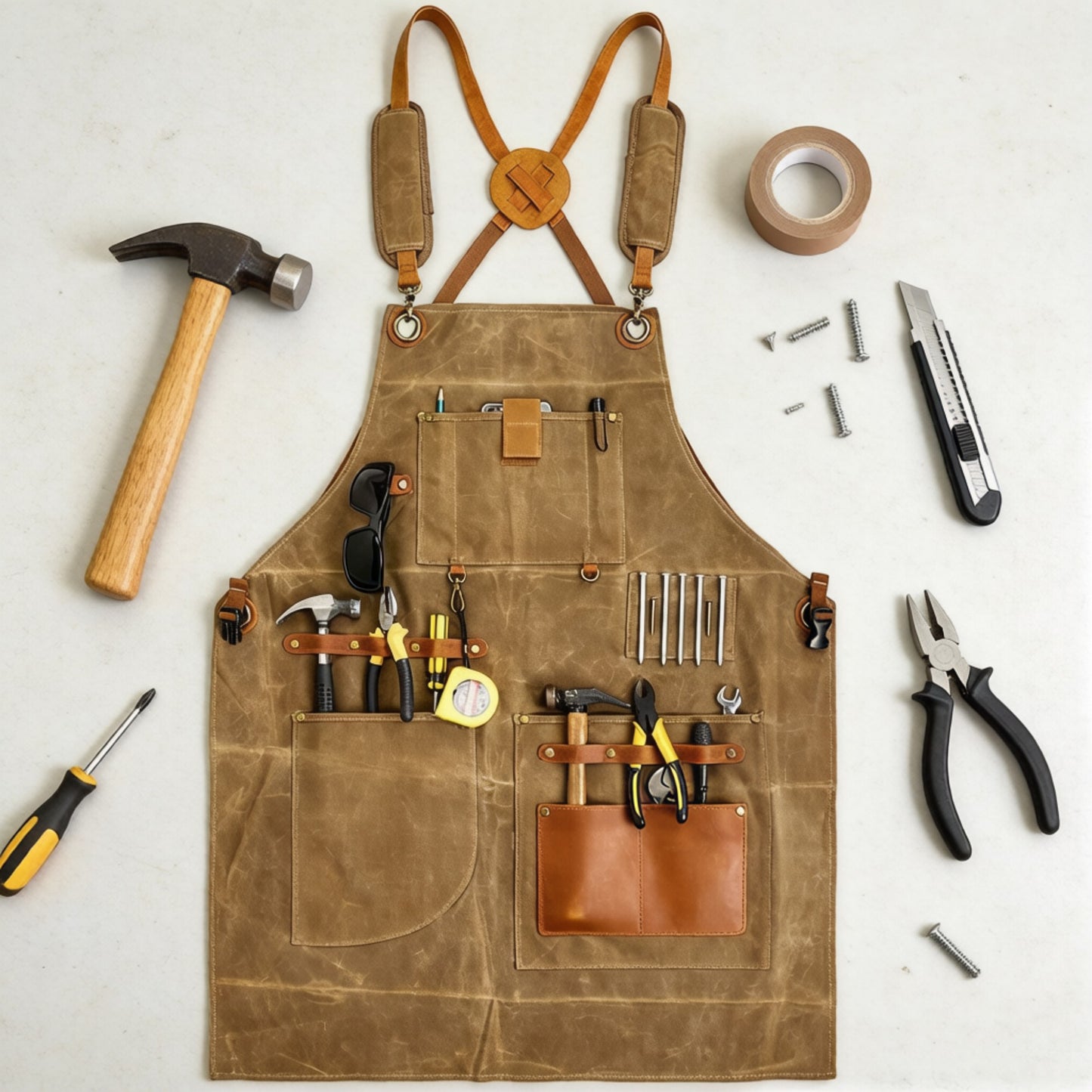 Heavy Duty Cotton Tool Apron with Adjustable Cross Back Straps Multi Pocket Utility Work Apron