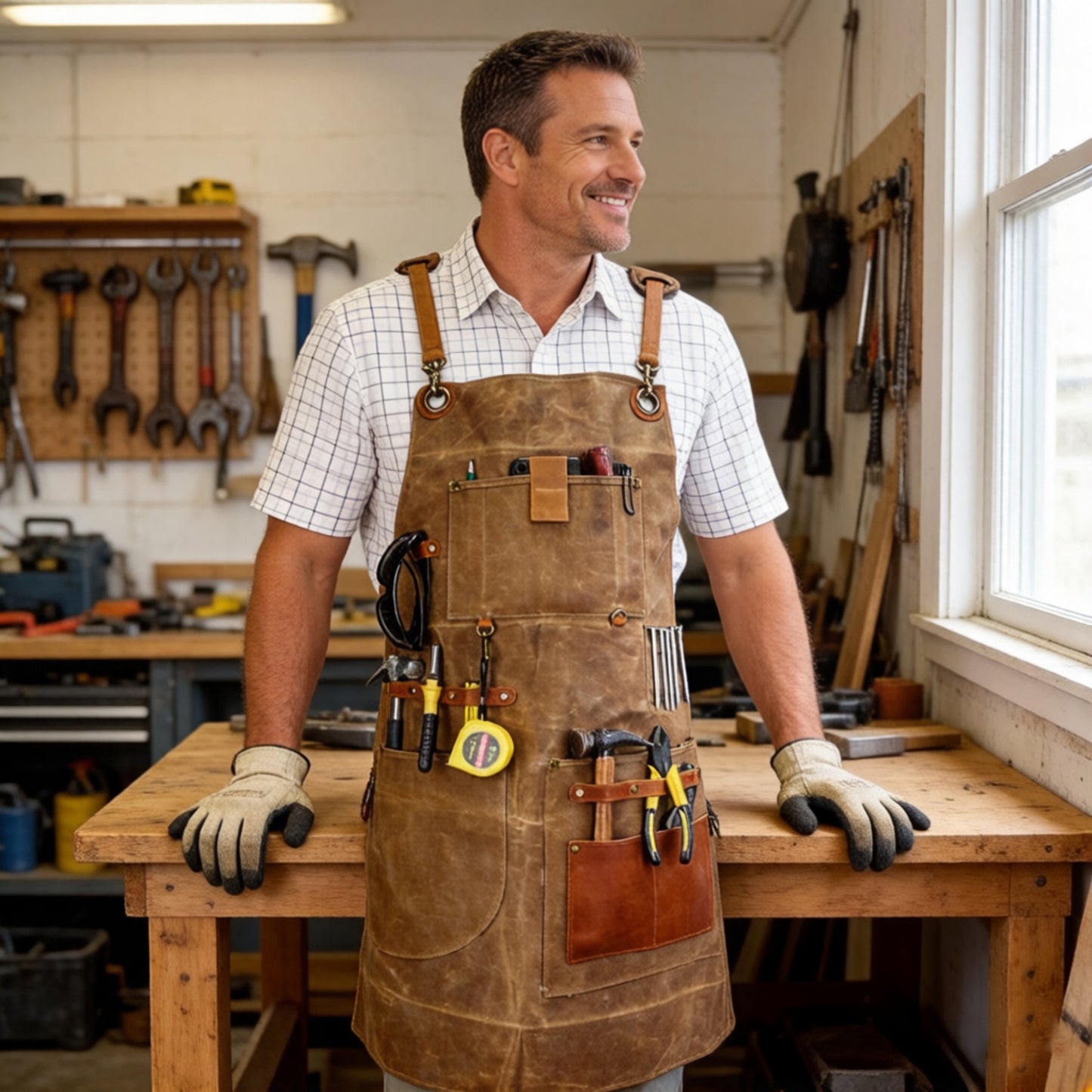 Heavy Duty Cotton Tool Apron with Adjustable Cross Back Straps Multi Pocket Utility Work Apron
