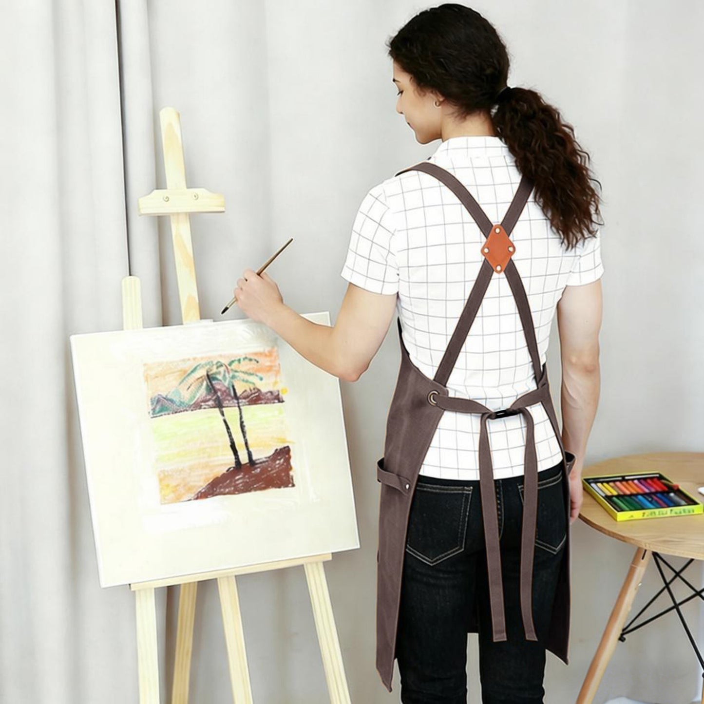 Cotton Kitchen Apron with Adjustable Cross Back Straps Multi Pocket Utility Apron for Cooking Baking