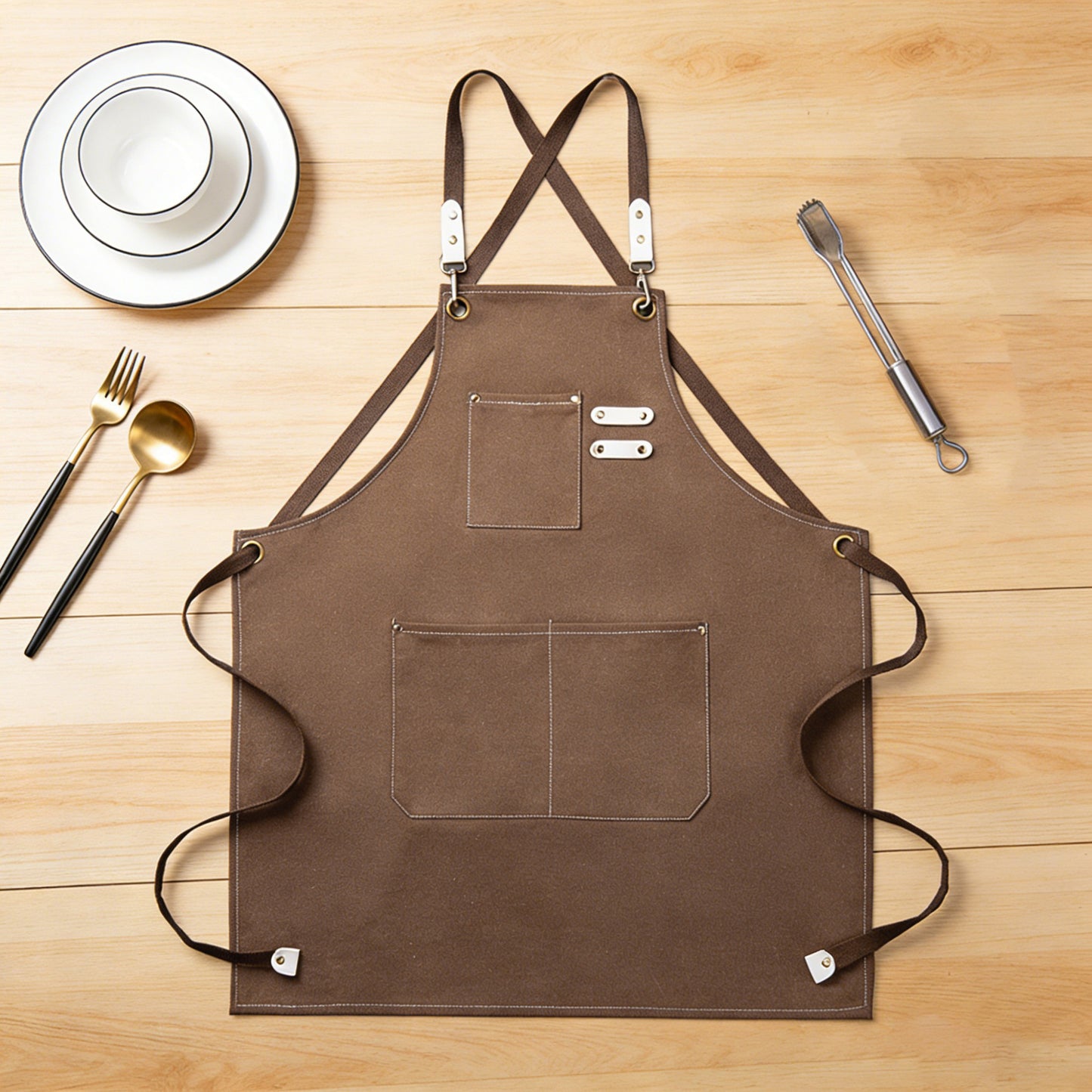 Cotton Kitchen Apron with Cross Back Straps Multi Pocket Utility Apron for Cooking Baking Craft