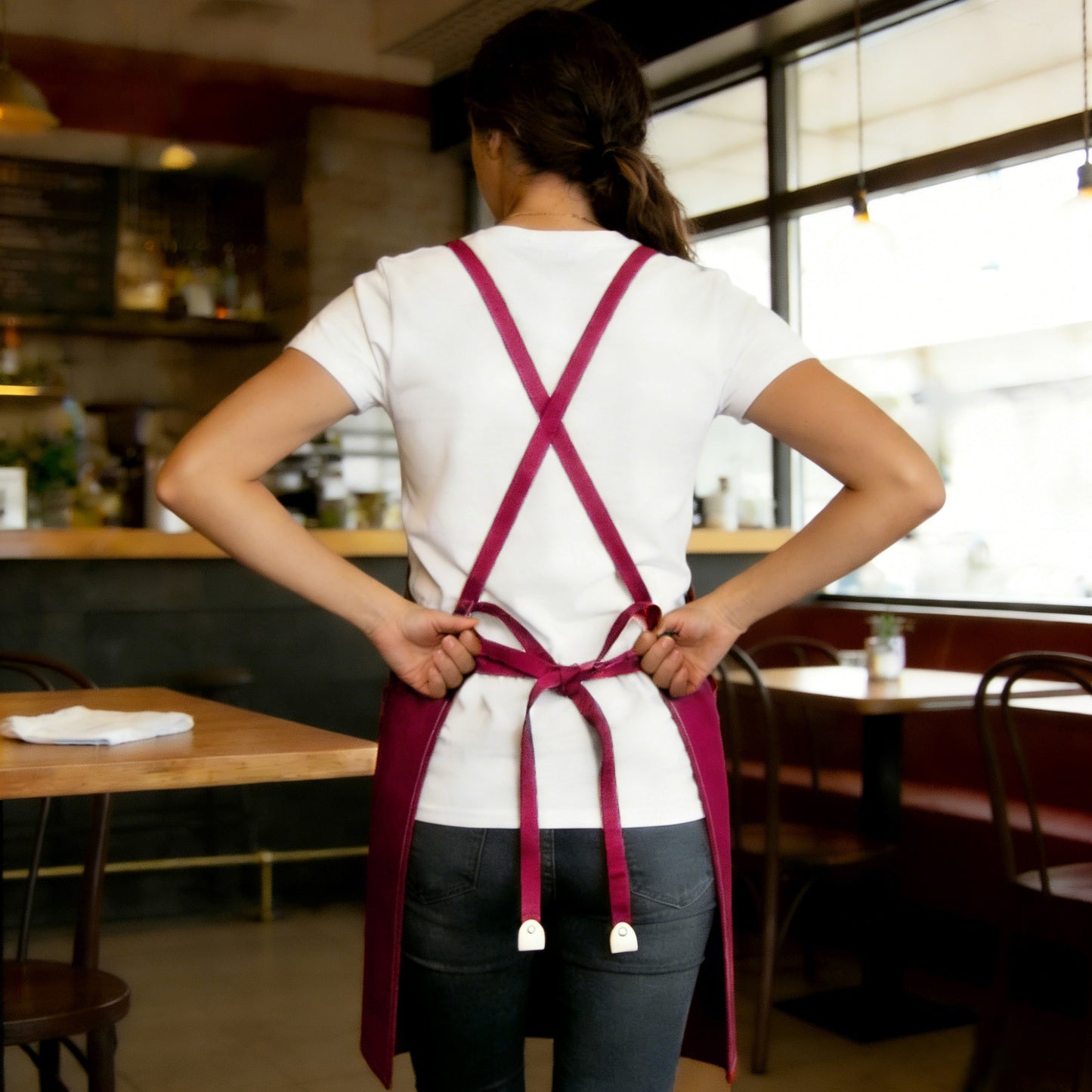 Cotton Kitchen Apron with Cross Back Straps Multi Pocket Utility Apron for Cooking Baking Craft