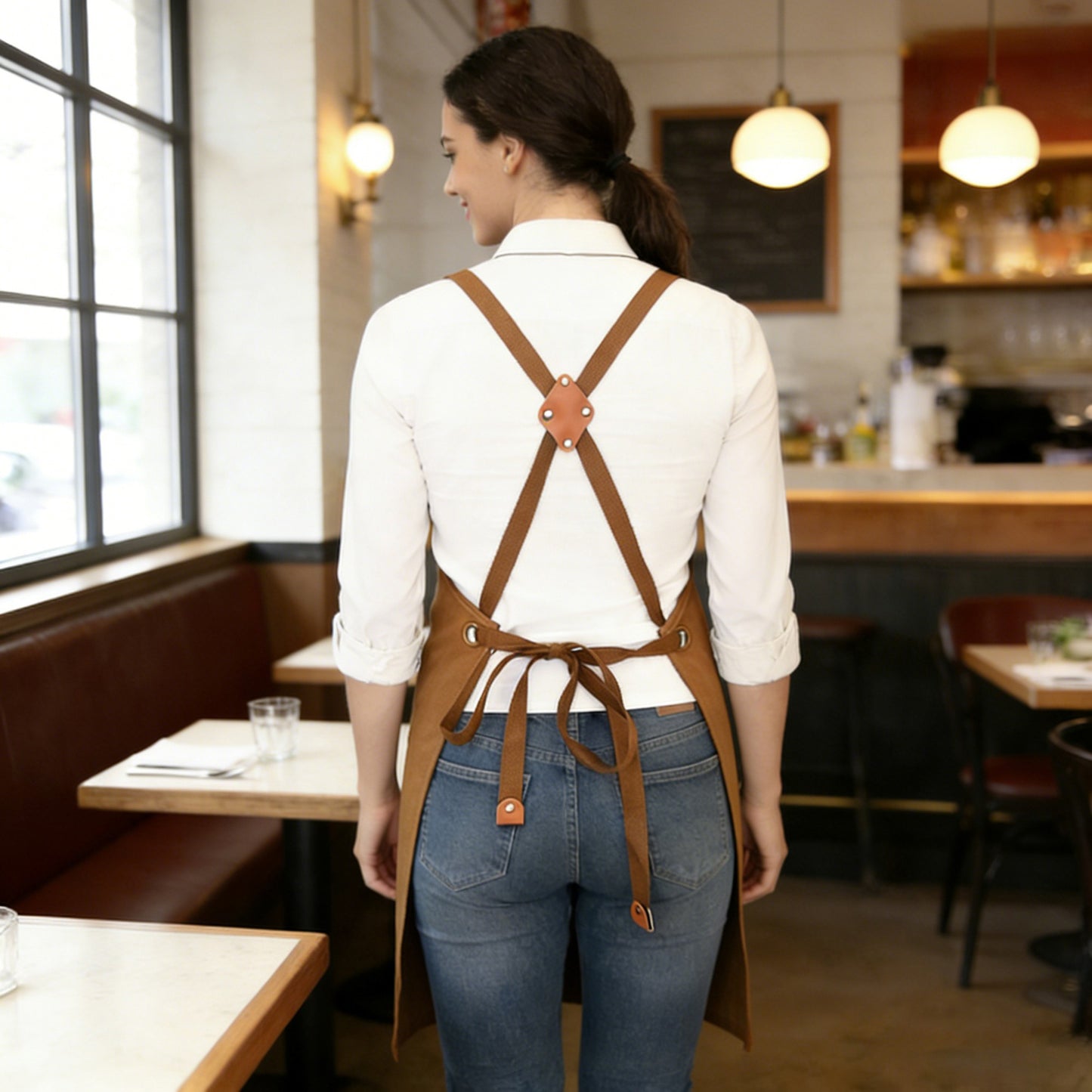 Cotton Kitchen Apron with Cross Back Straps Multi Pocket Utility Apron for Cooking Baking Craft