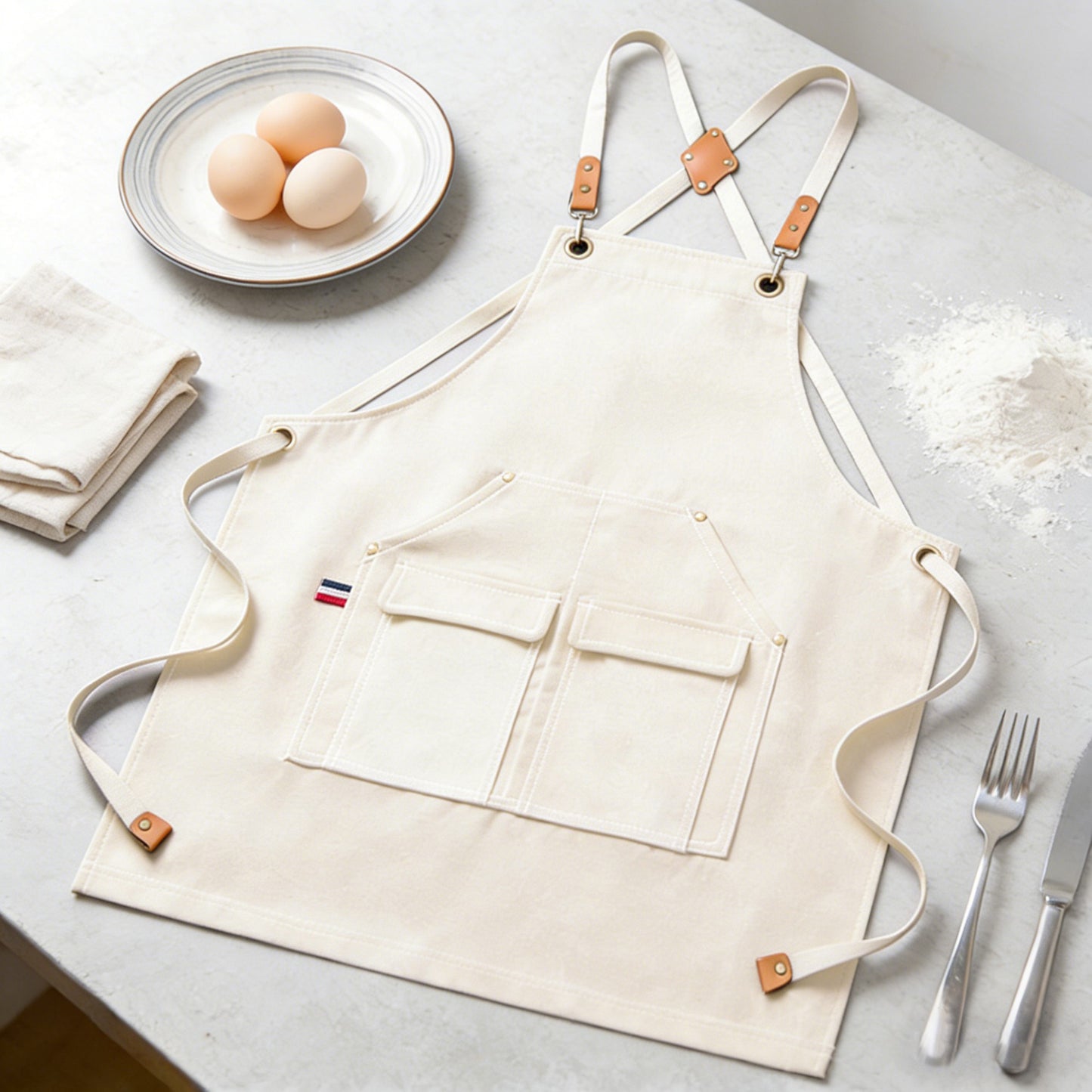 Cotton Kitchen Apron with Cross Back Straps Multi Pocket Utility Apron for Cooking Baking Craft