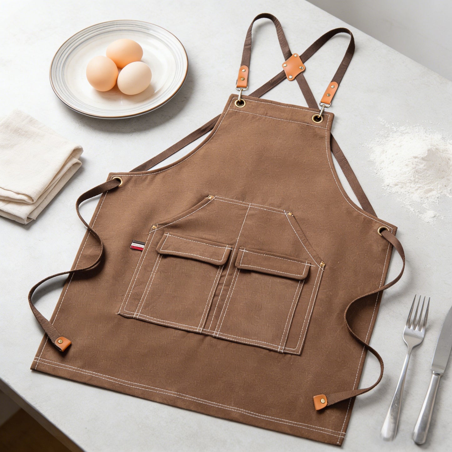 Cotton Kitchen Apron with Cross Back Straps Multi Pocket Utility Apron for Cooking Baking Craft