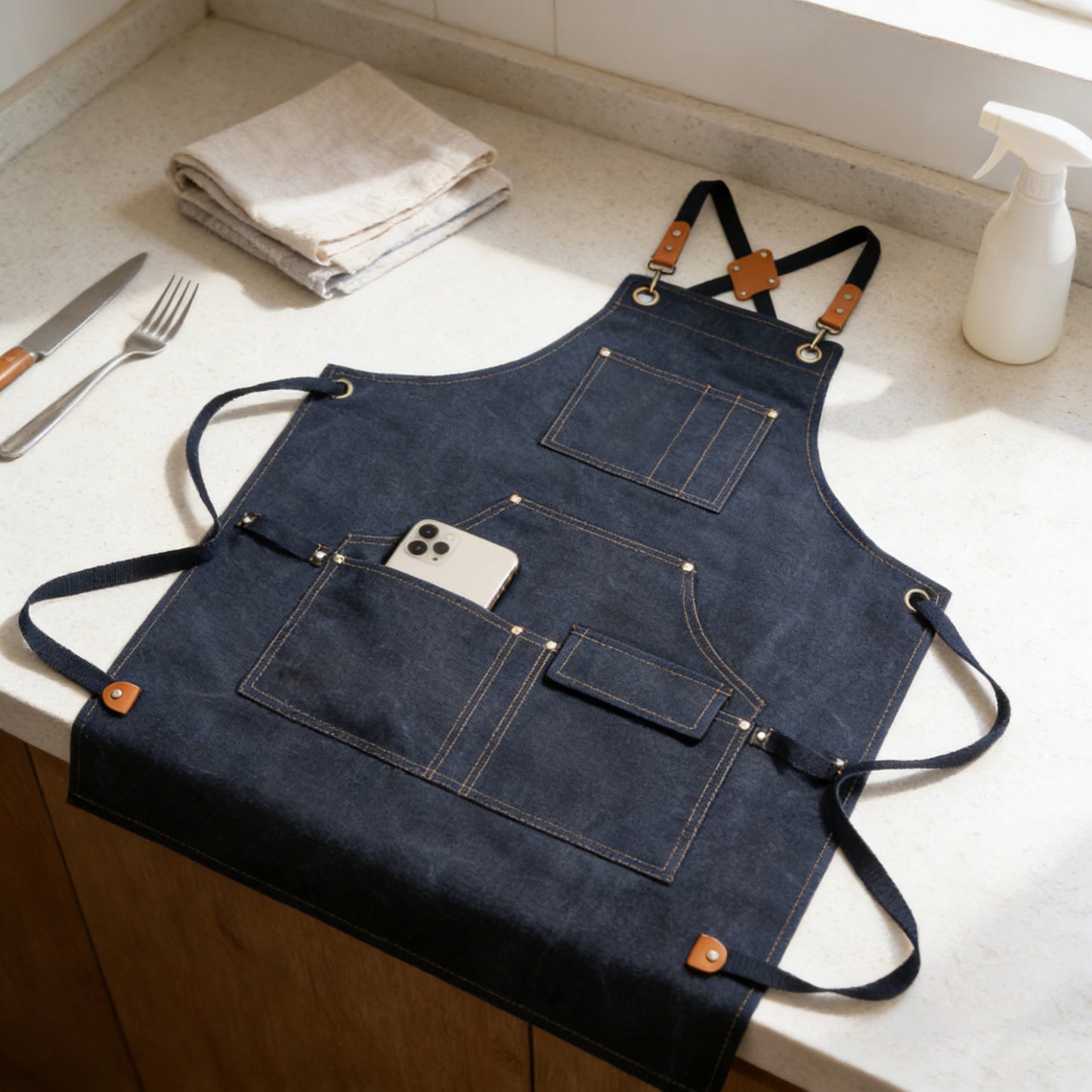Cotton Kitchen Apron with Cross Back Straps Multi Pocket Utility Apron for Cooking Baking Craft