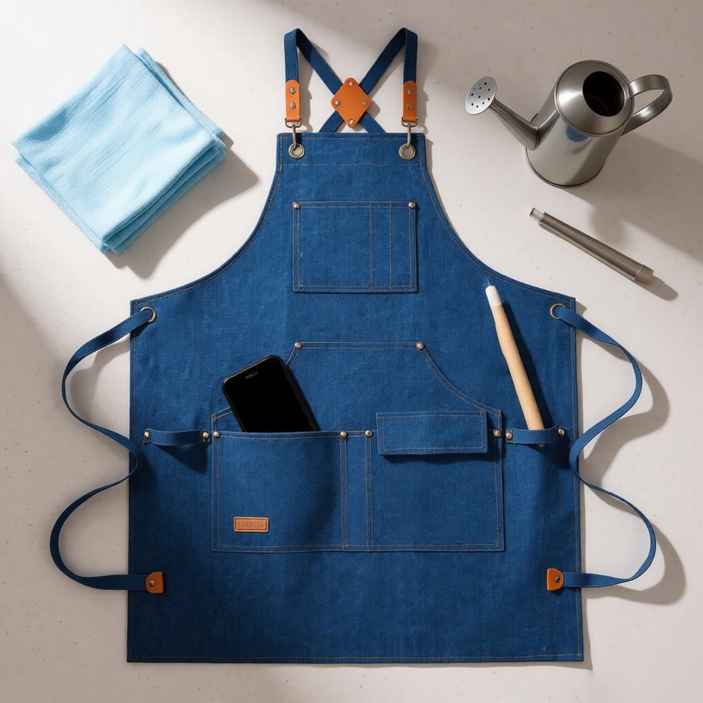 Cotton Kitchen Apron with Cross Back Straps Multi Pocket Utility Apron for Cooking Baking Craft
