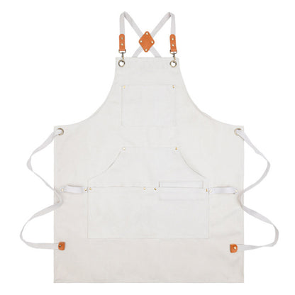 Cotton Kitchen Apron with Cross Back Straps Multi Pocket Utility Apron for Cooking Baking Craft