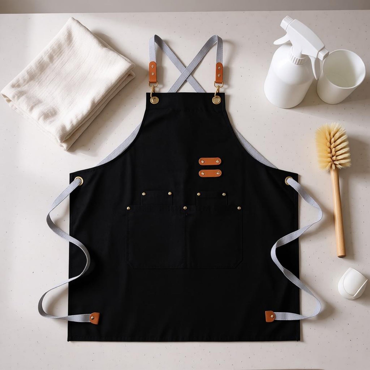 Cotton Kitchen Apron with Cross Back Straps Multi Pocket Utility Apron for Cooking Baking Craft