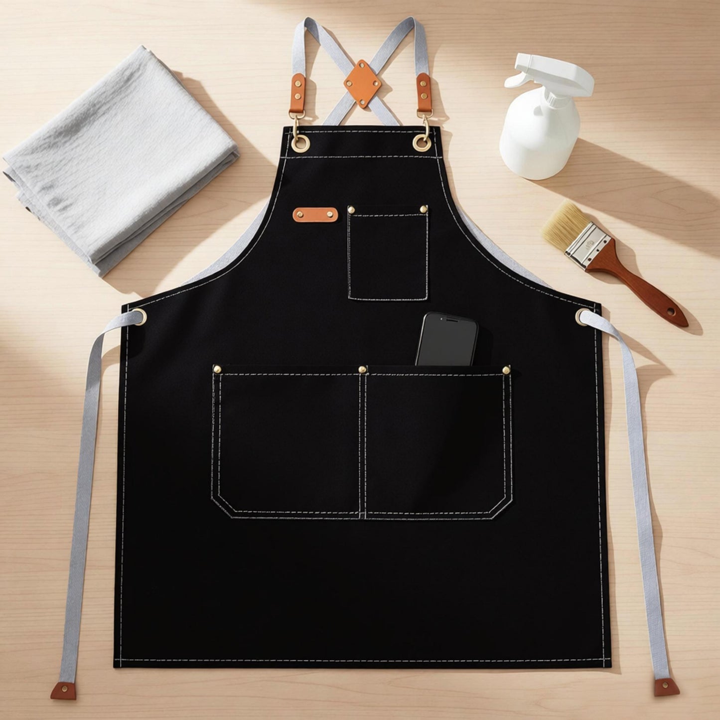 Cotton Kitchen Apron with Cross Back Straps Multi Pocket Utility Apron for Cooking Baking Craft