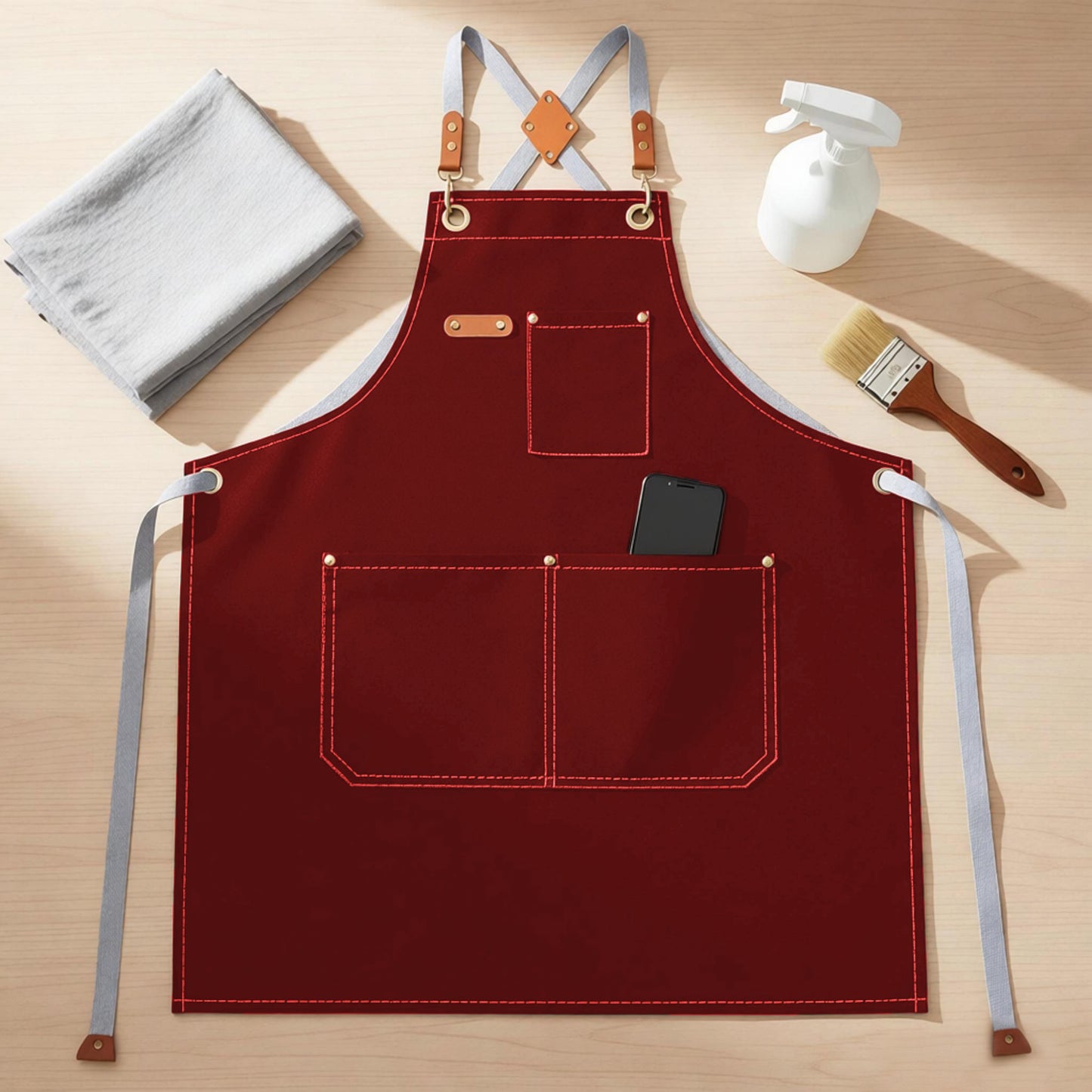 Cotton Kitchen Apron with Cross Back Straps Multi Pocket Utility Apron for Cooking Baking Craft