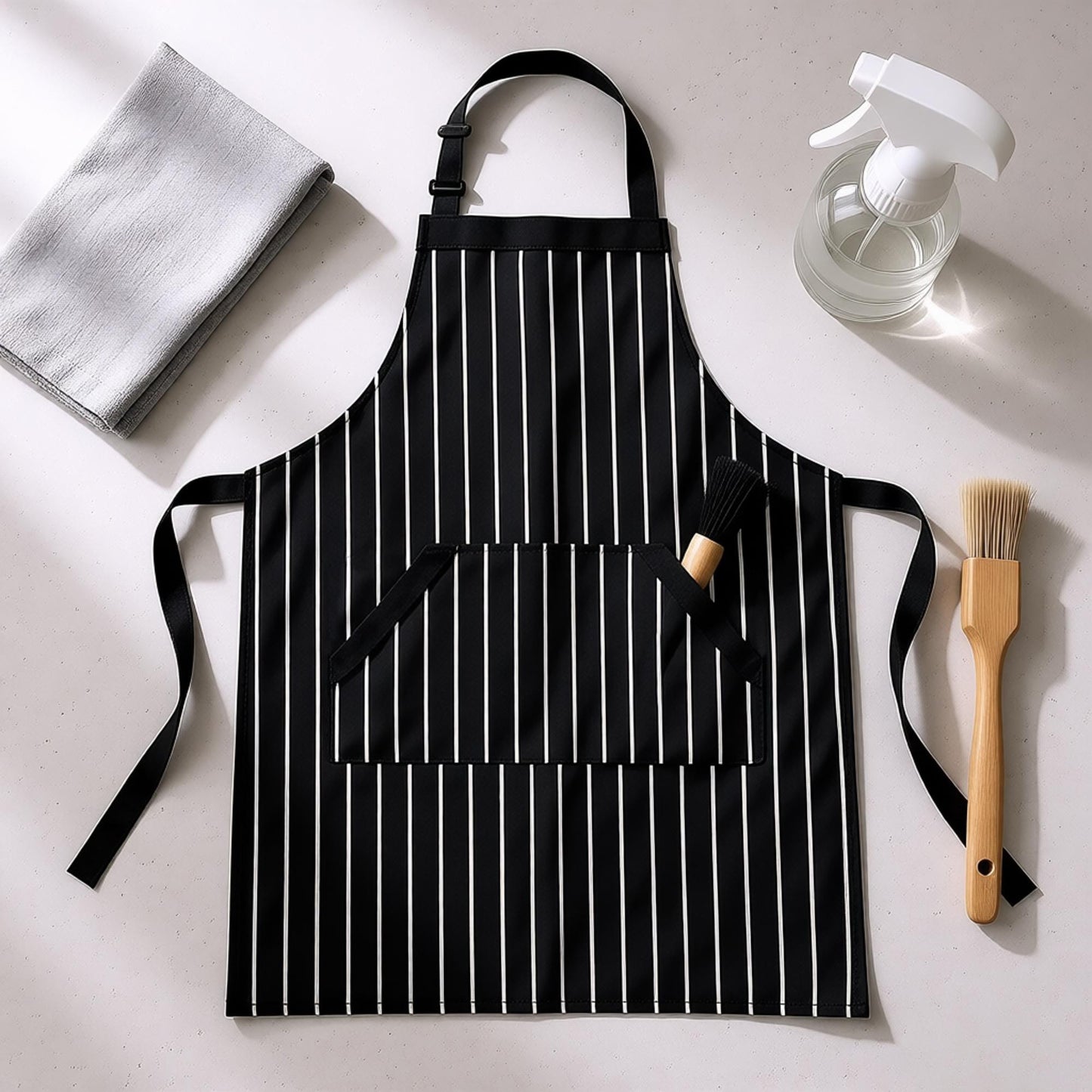 Striped Kitchen Apron Cotton Blend Adjustable Neck Apron with Pockets Chef Cooking Server Apron