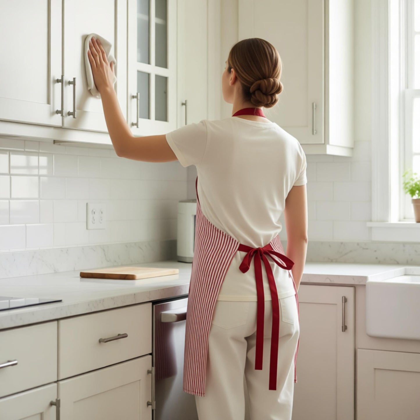 Striped Kitchen Apron Cotton Blend Adjustable Neck Apron with Pockets Chef Cooking Server Apron