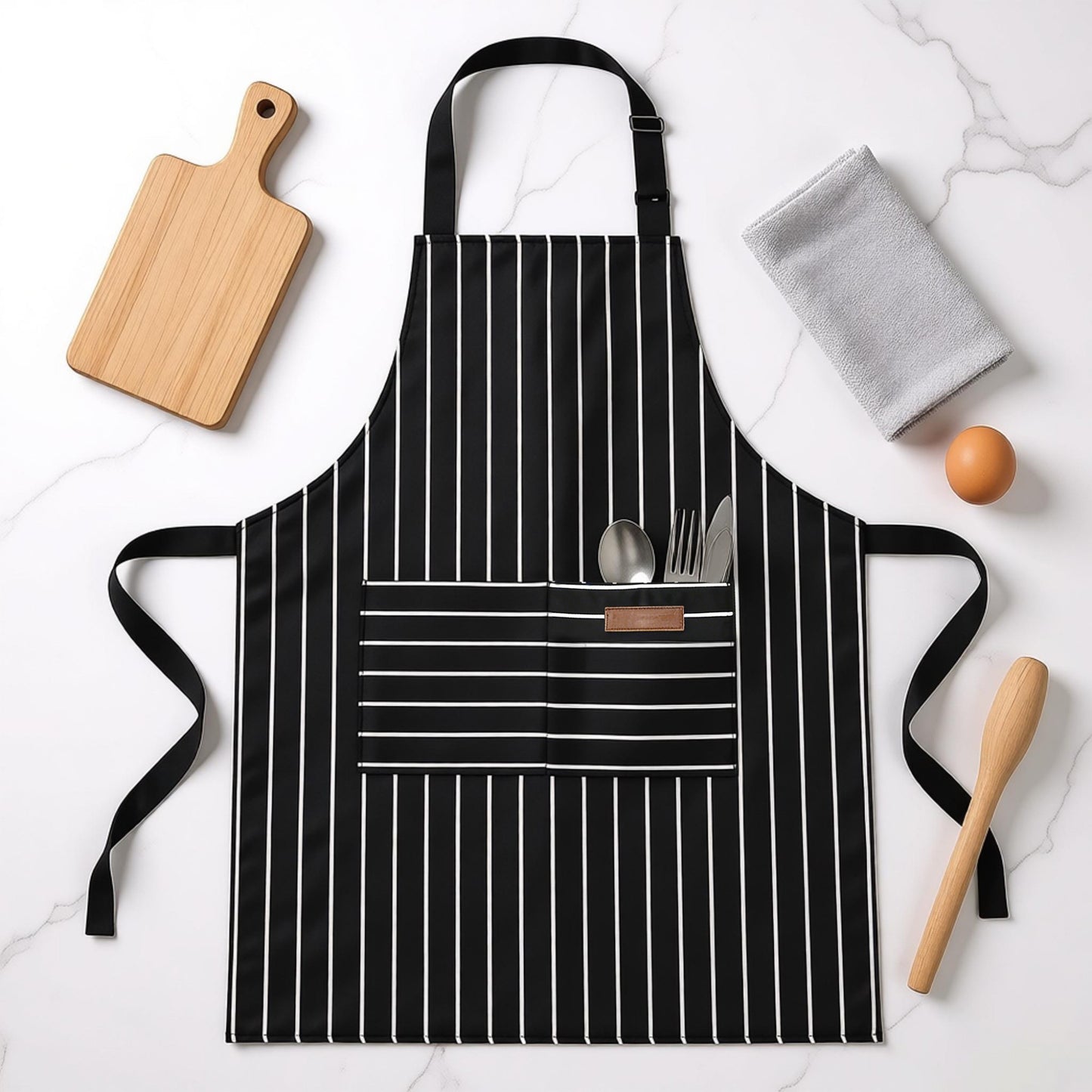 Striped Kitchen Apron Cotton Blend Adjustable Neck Apron with Pocket for Cooking Baking Home Use