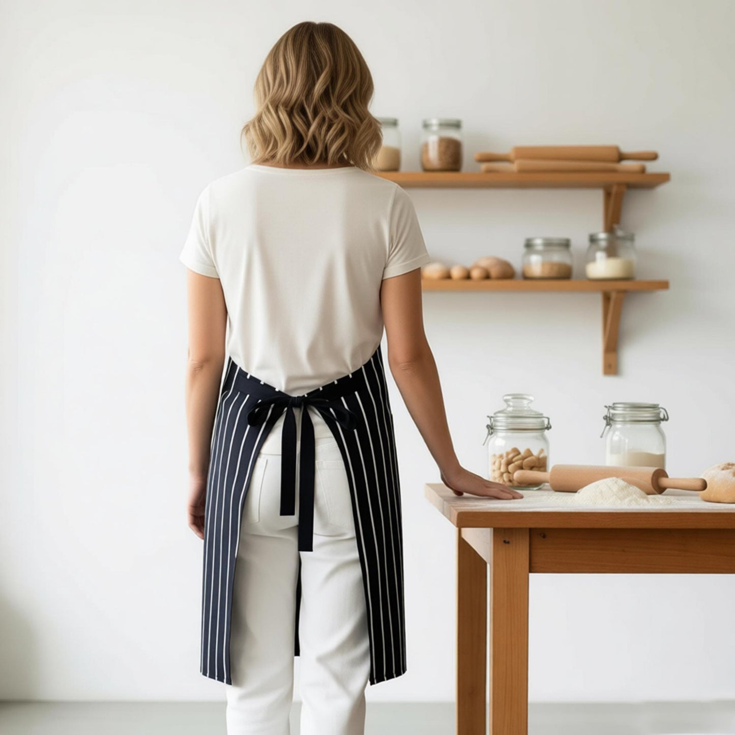 Striped Kitchen Apron Cotton Blend Adjustable Neck Apron with Pocket for Cooking Baking Home Use