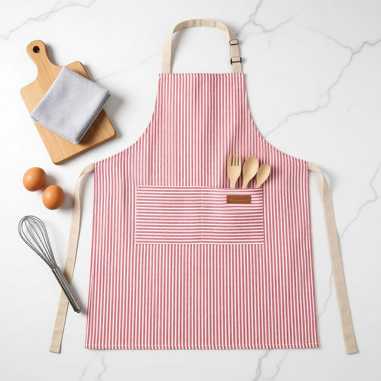 Striped Kitchen Apron Cotton Blend Adjustable Neck Apron with Pocket for Cooking Baking Home Use