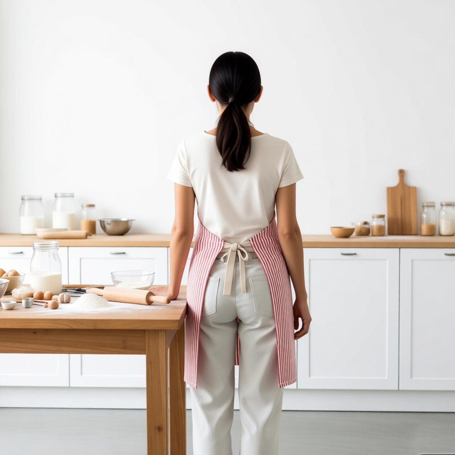 Striped Kitchen Apron Cotton Blend Adjustable Neck Apron with Pocket for Cooking Baking Home Use