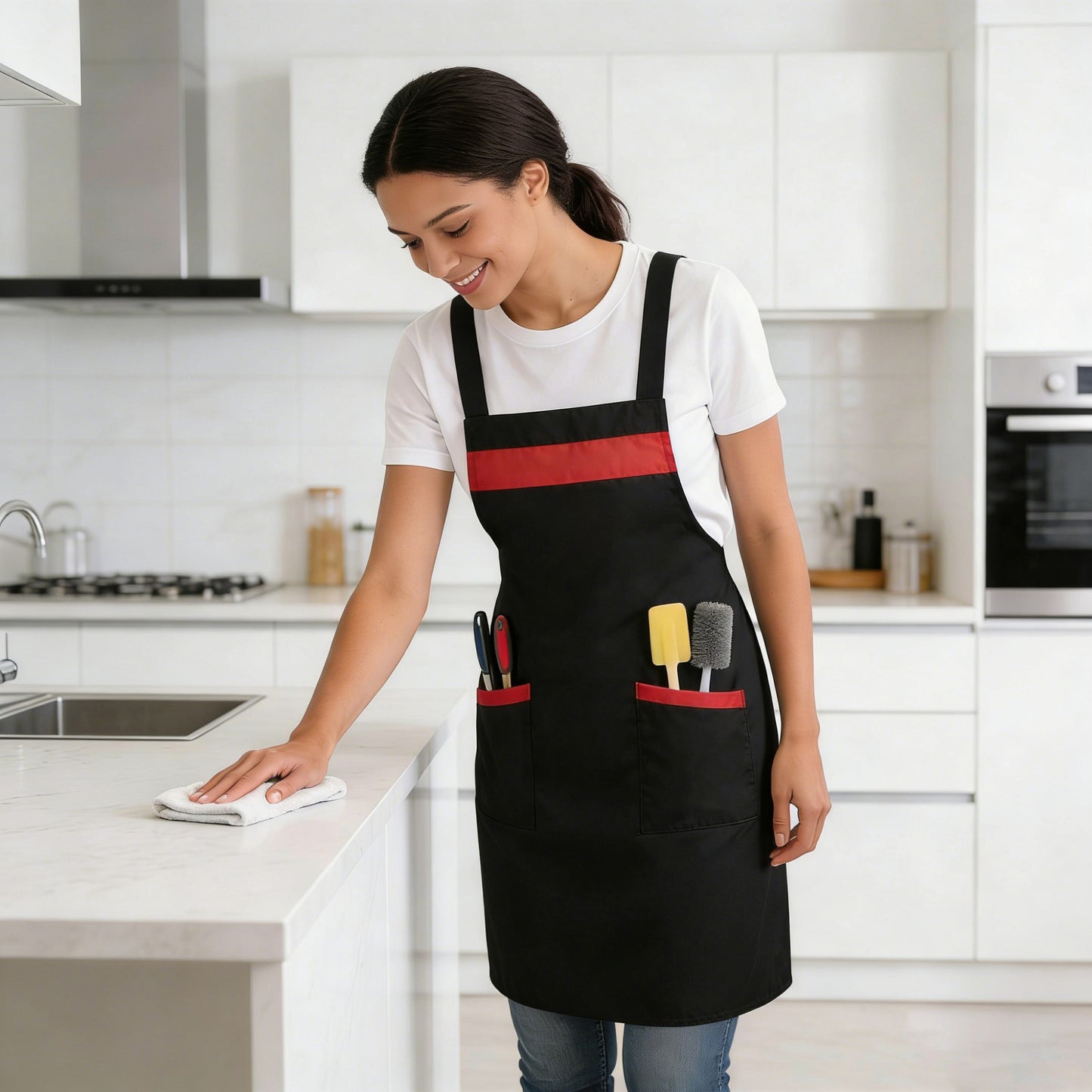 Kitchen Apron Adjustable Strap Apron with Contrast Trim and Dual Pockets for Cooking Work