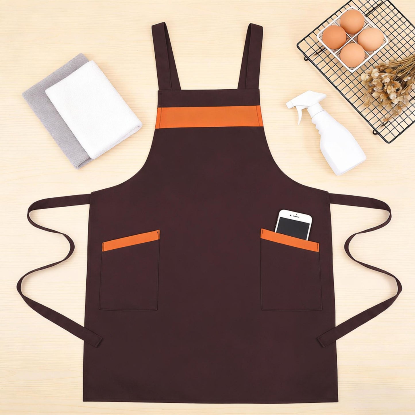 Kitchen Apron Adjustable Strap Apron with Contrast Trim and Dual Pockets for Cooking Work