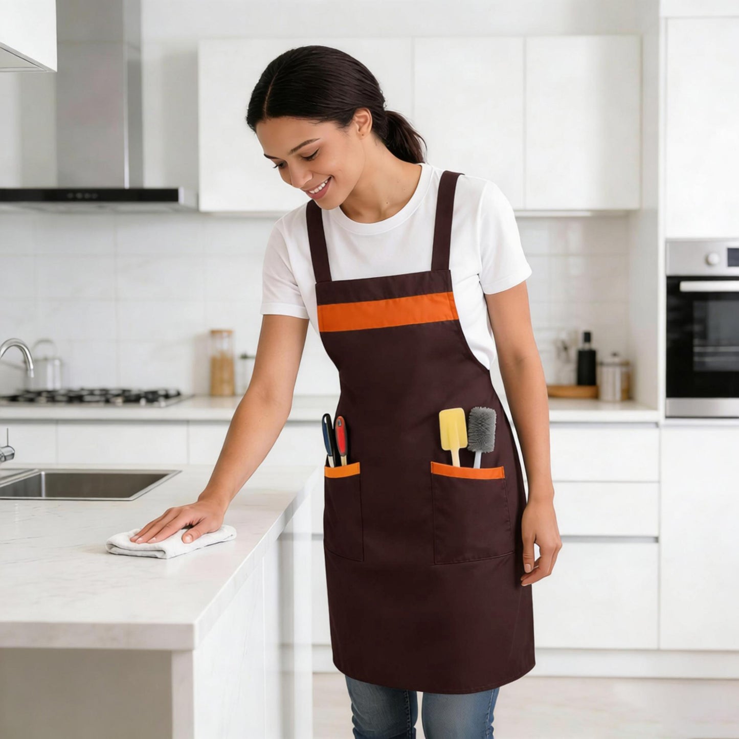 Kitchen Apron Adjustable Strap Apron with Contrast Trim and Dual Pockets for Cooking Work