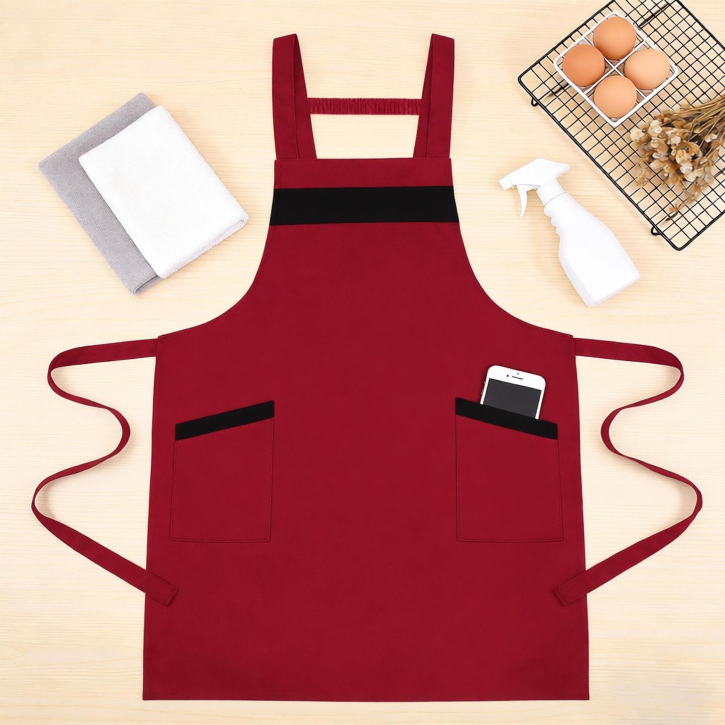 Kitchen Apron Adjustable Strap Apron with Contrast Trim and Dual Pockets for Cooking Work