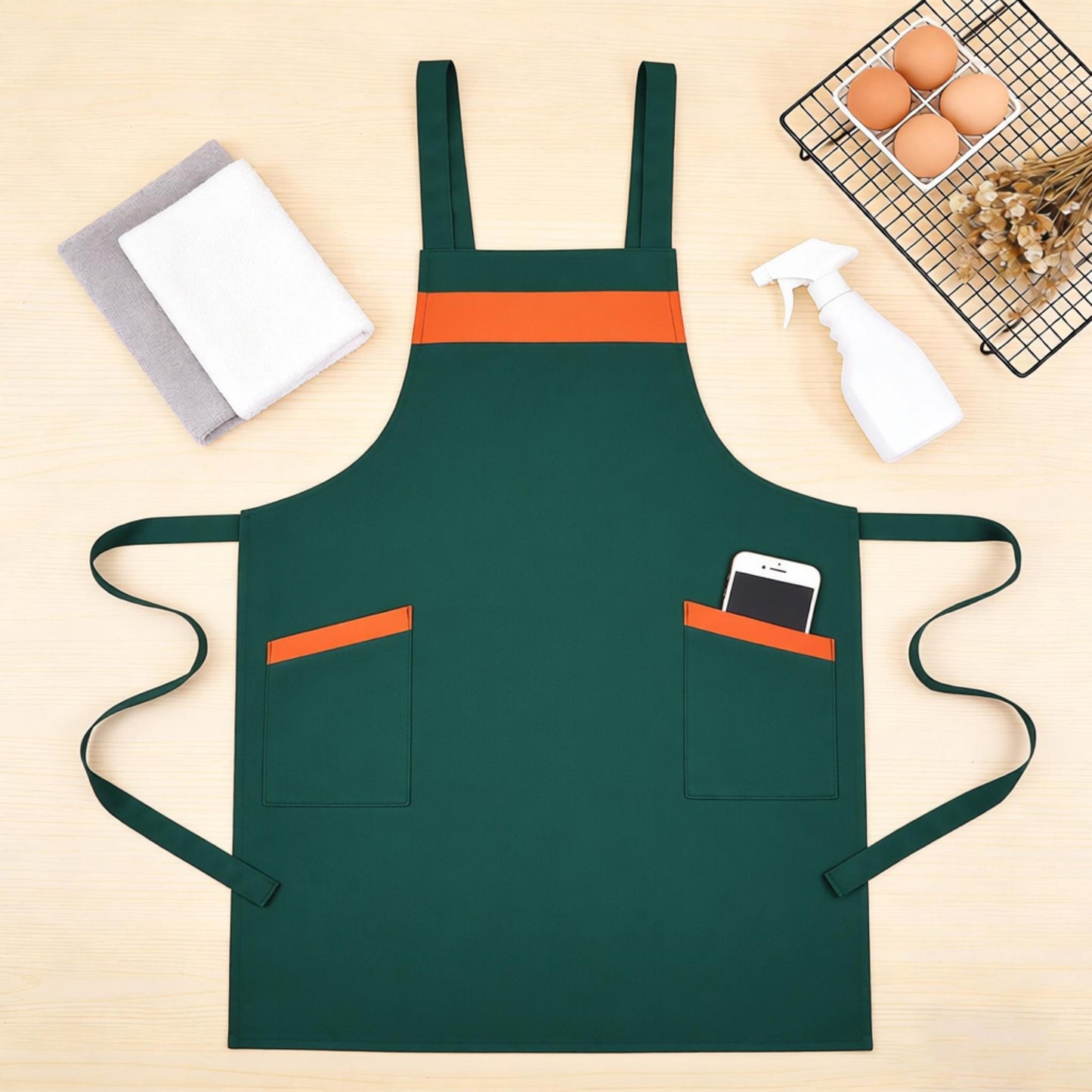 Kitchen Apron Adjustable Strap Apron with Contrast Trim and Dual Pockets for Cooking Work