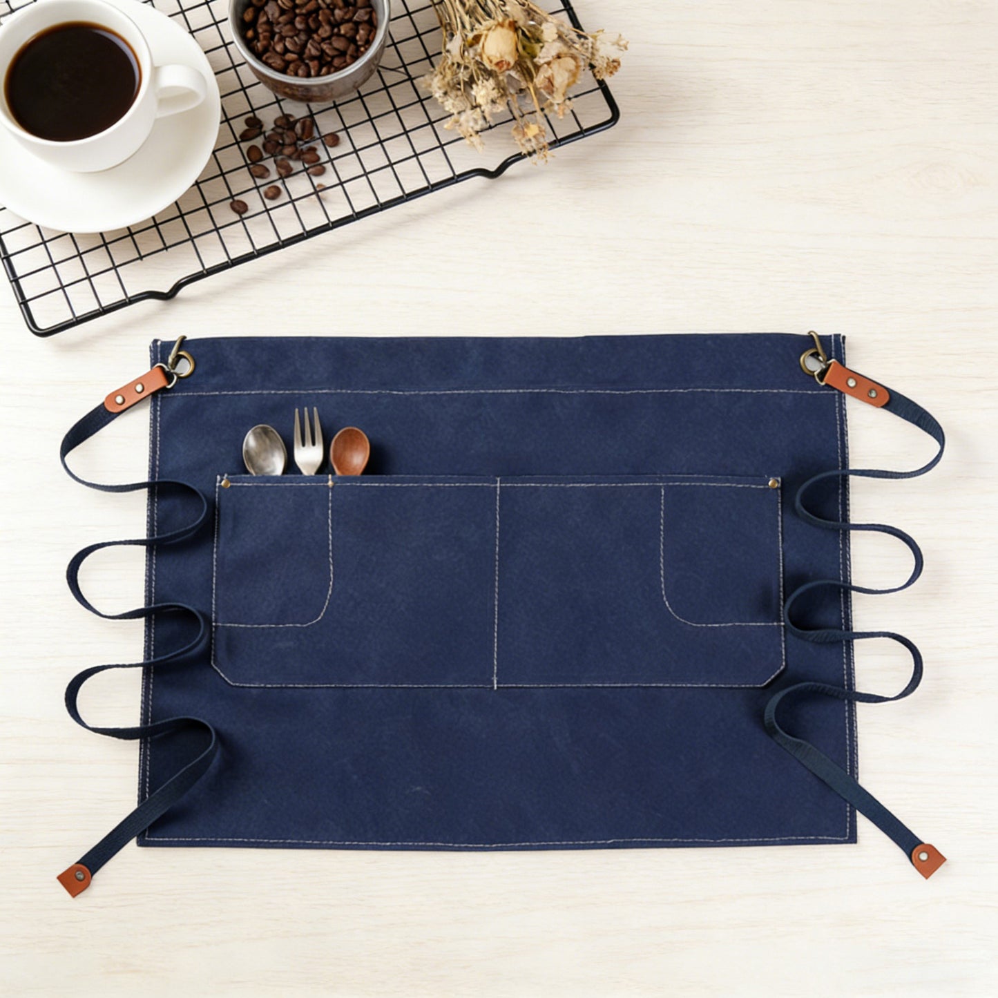 Waist Apron Cotton Work Apron with Multi Pocket Utility Design Adjustable Tie for Cooking Server