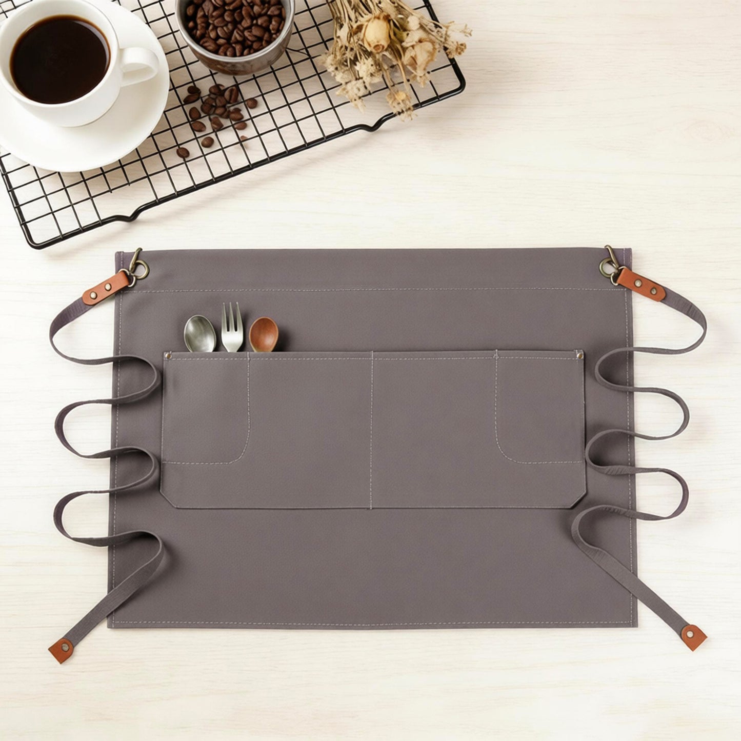 Waist Apron Cotton Work Apron with Multi Pocket Utility Design Adjustable Tie for Cooking Server