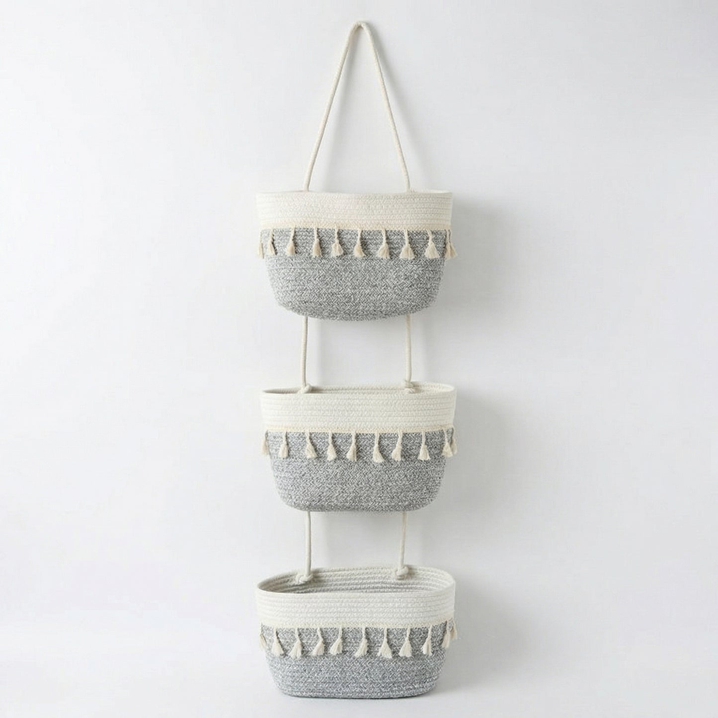 3 Tier Hanging Storage Basket Cotton Rope Wall Organizer Tassel Decorative Storage