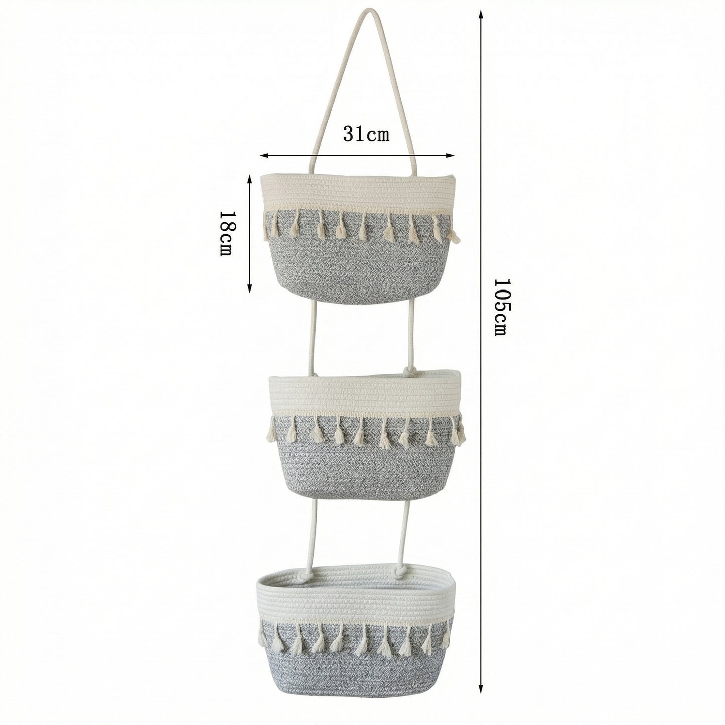 3 Tier Hanging Storage Basket Cotton Rope Wall Organizer Tassel Decorative Storage