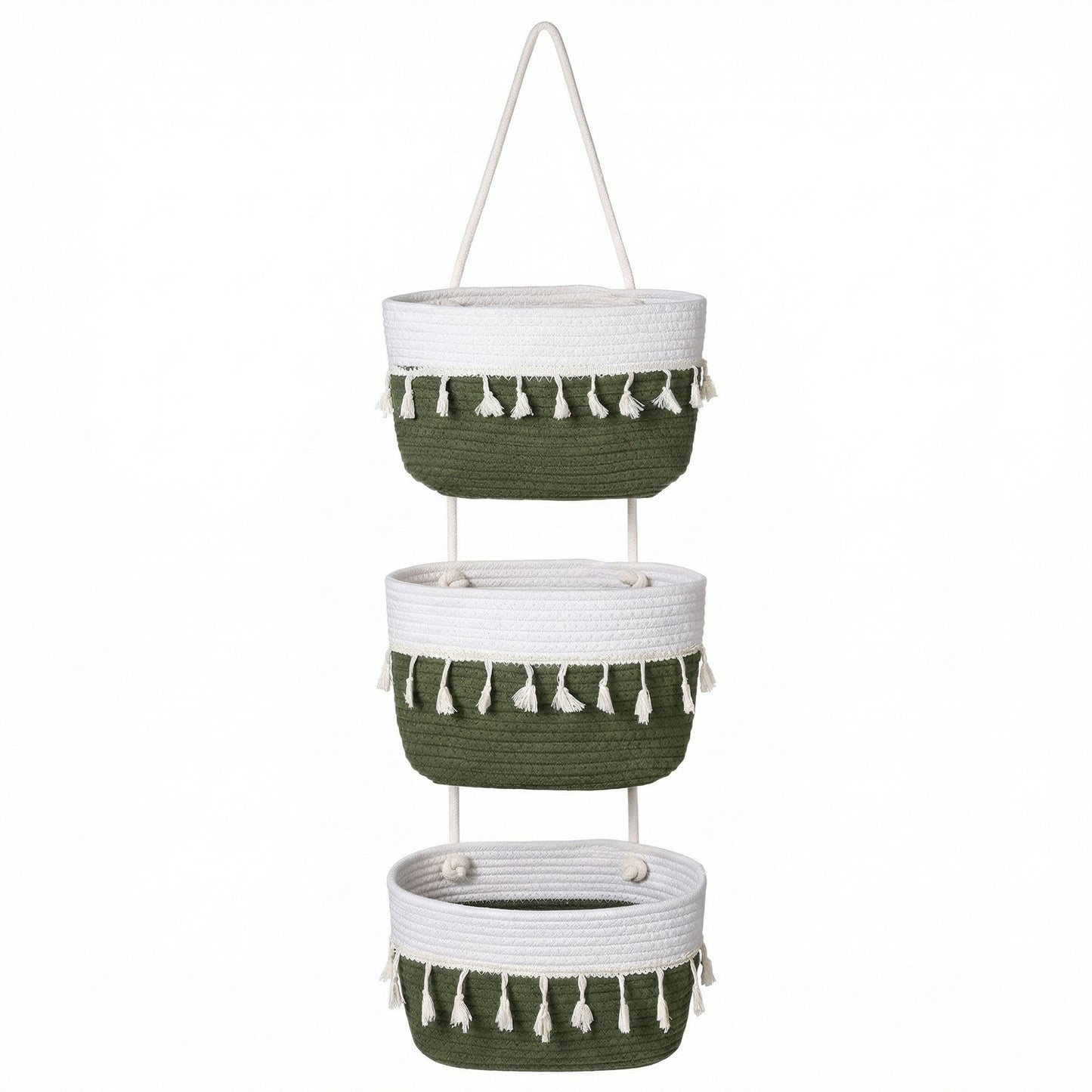 3 Tier Hanging Storage Basket Cotton Rope Wall Organizer Tassel Decorative Storage