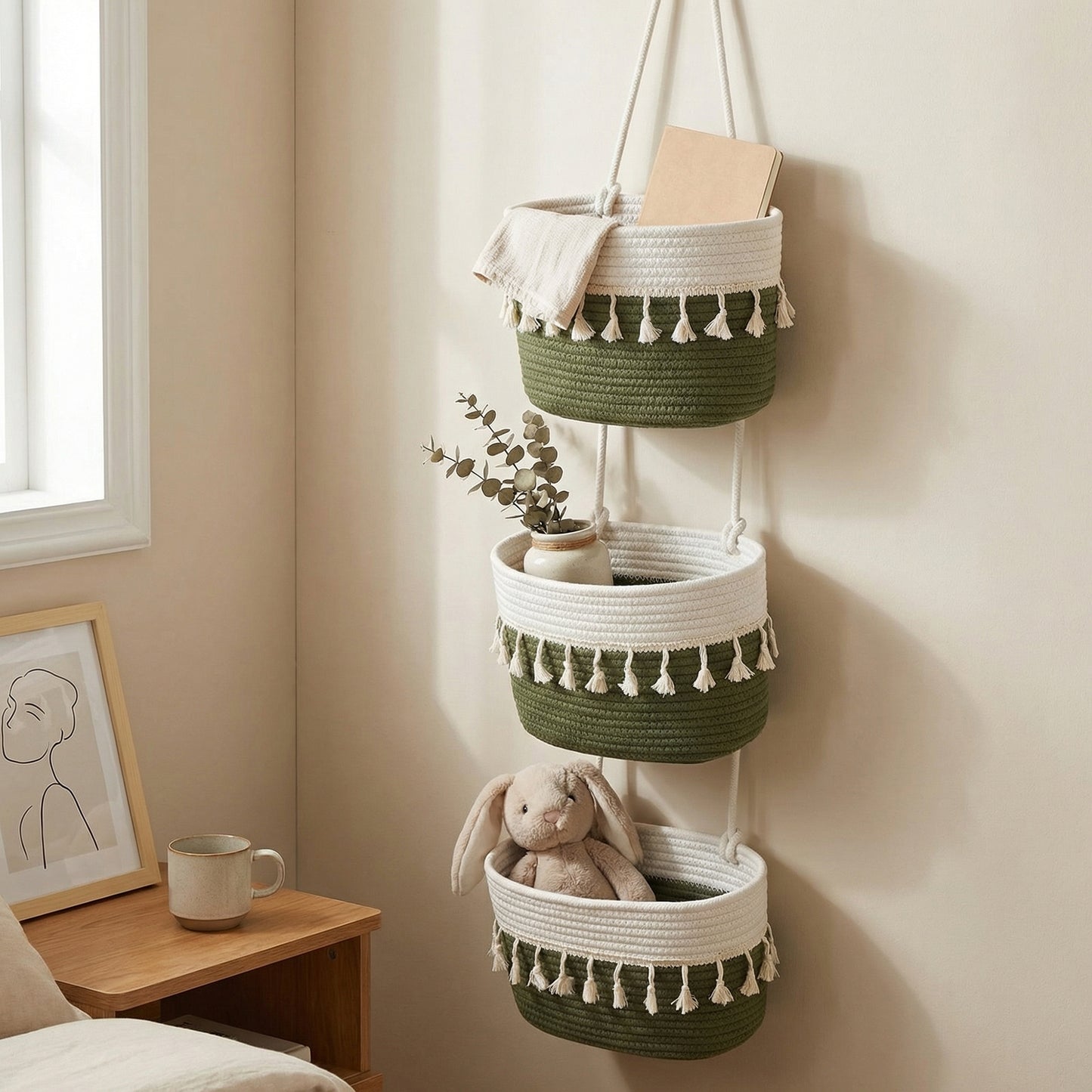 3 Tier Hanging Storage Basket Cotton Rope Wall Organizer Tassel Decorative Storage