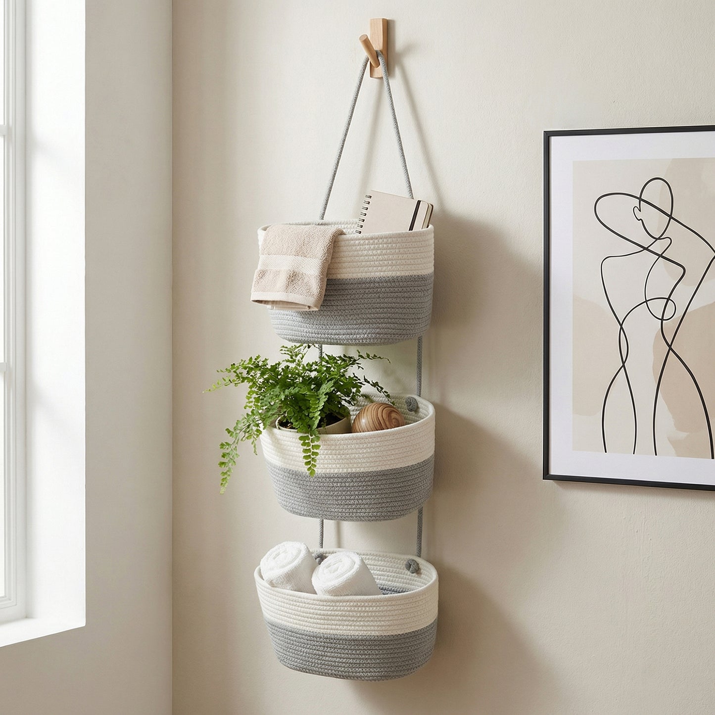 3 Tier Hanging Storage Basket Cotton Rope Wall Organizer Tassel Decorative Storage