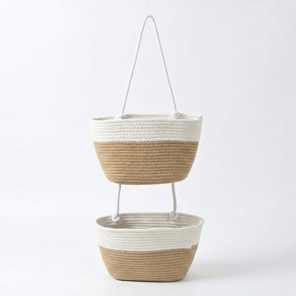 2 Tier Hanging Storage Basket Cotton Rope Wall Organizer Modern Neutral Storage
