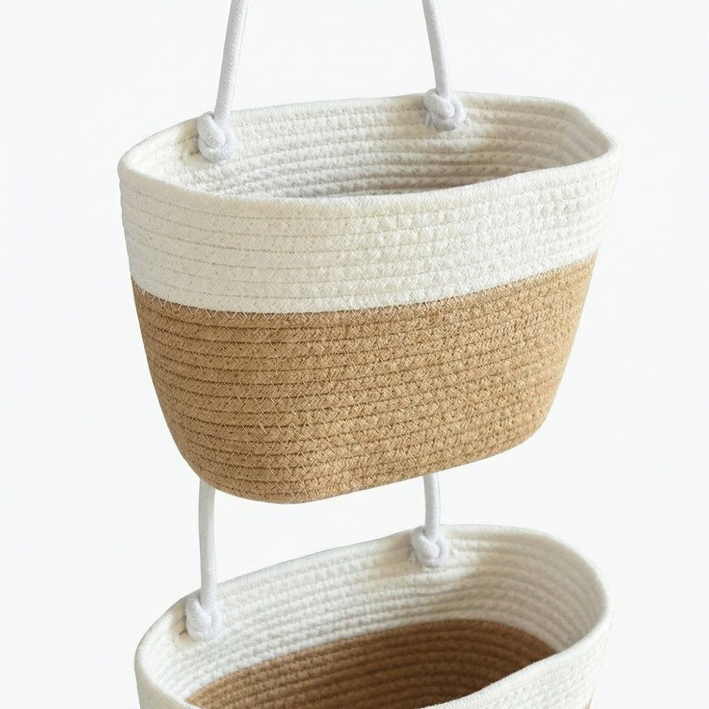 2 Tier Hanging Storage Basket Cotton Rope Wall Organizer Modern Neutral Storage