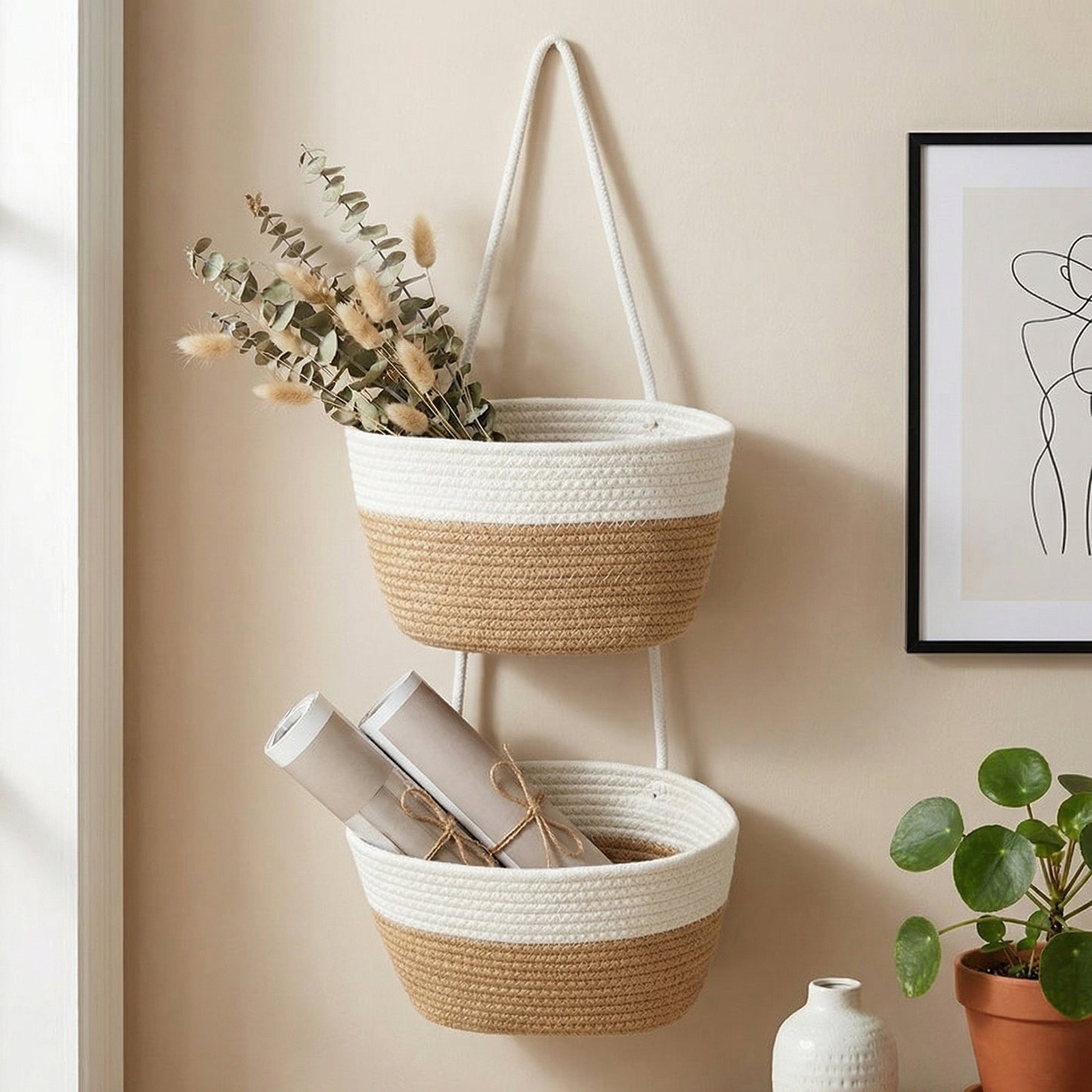 2 Tier Hanging Storage Basket Cotton Rope Wall Organizer Modern Neutral Storage